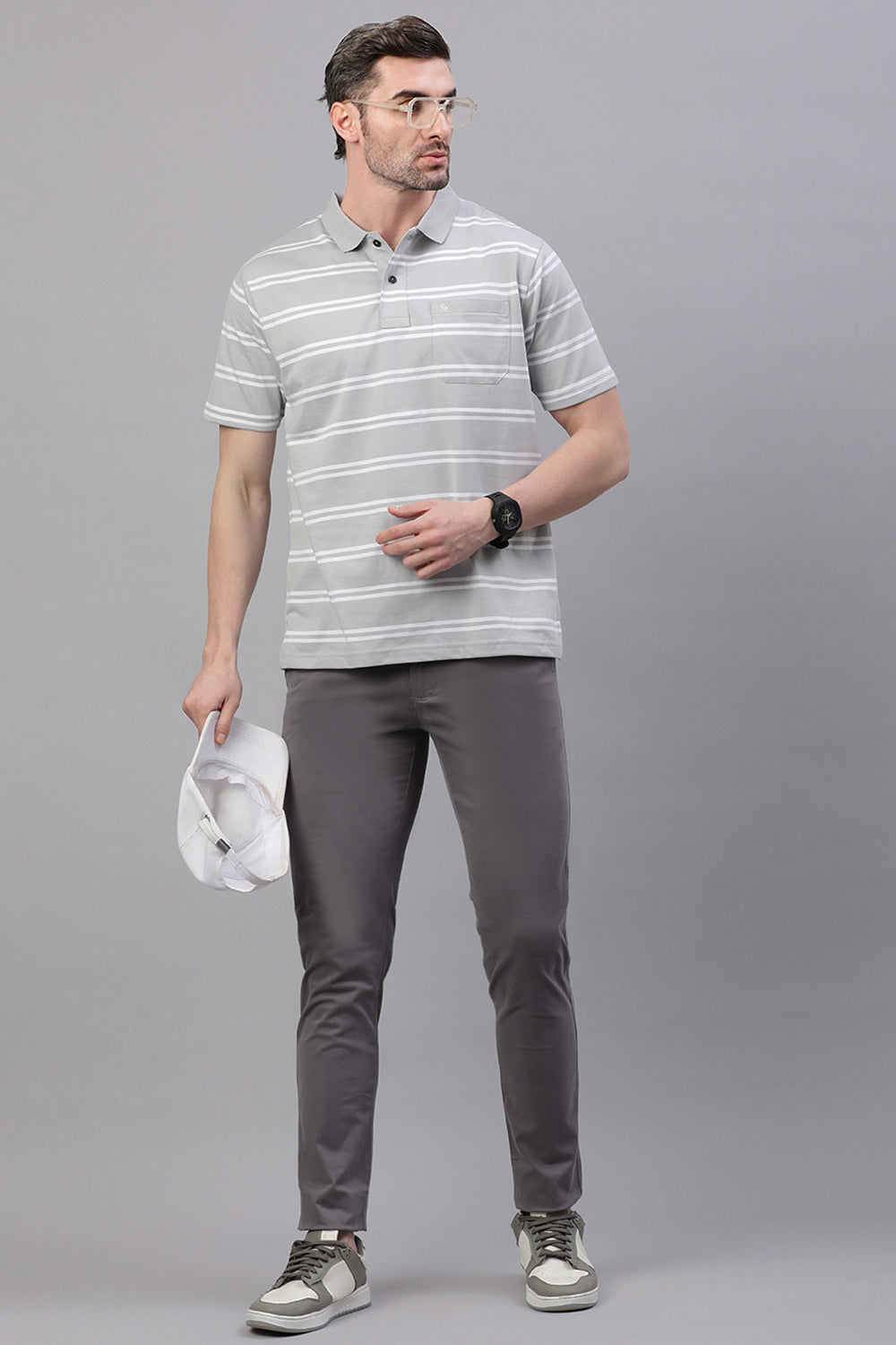 Classic Polo Men's Half Sleeve Grey/White Polo Neck Authentic Fit Striped T-Shirt | AVON - 603 A AF P