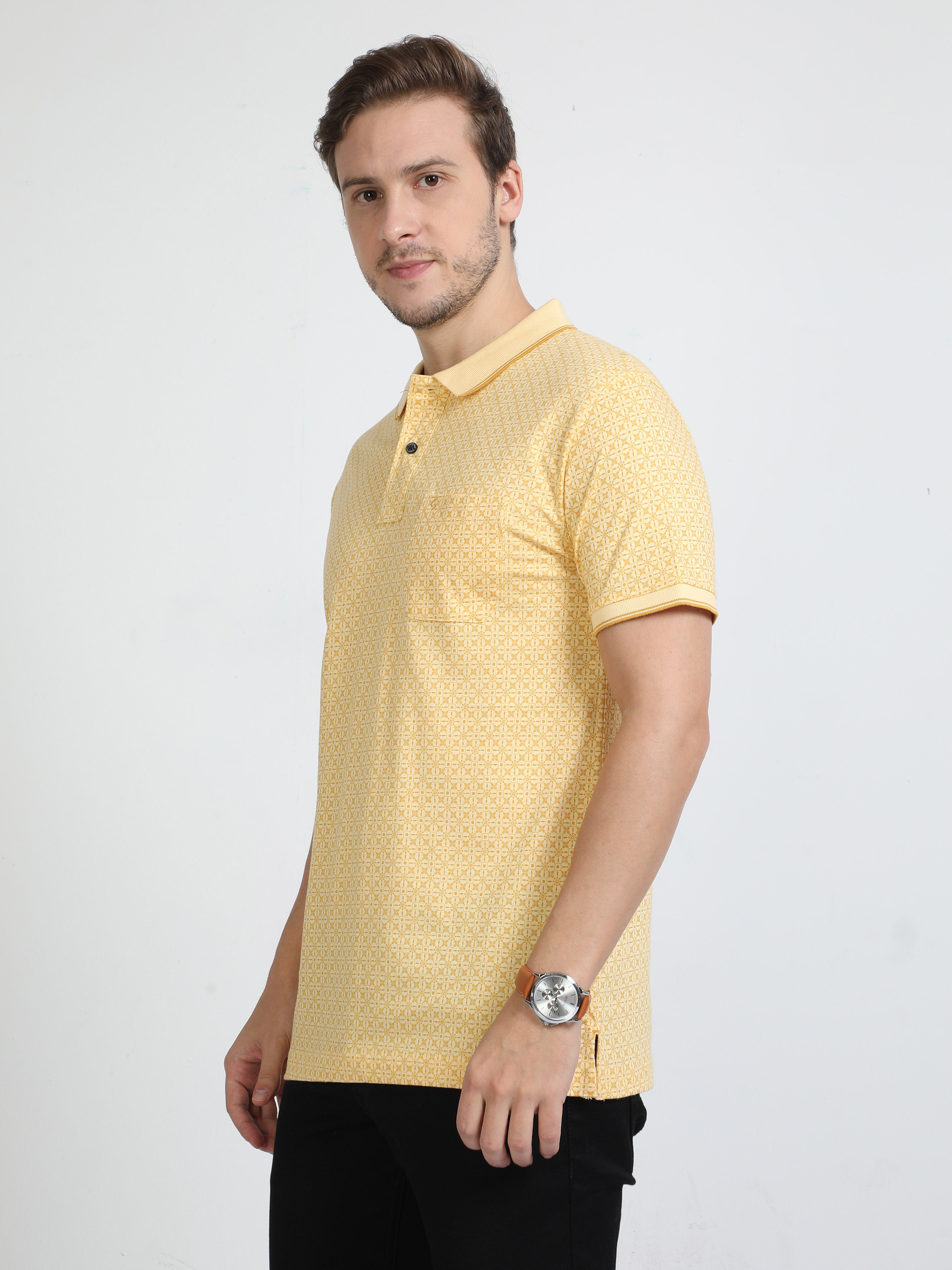 Classic Polo Mens Pure Cotton Half Sleeves Printed Slim Fit Polo Neck Yellow Color T-Shirt | Bello - 219 A Sf P