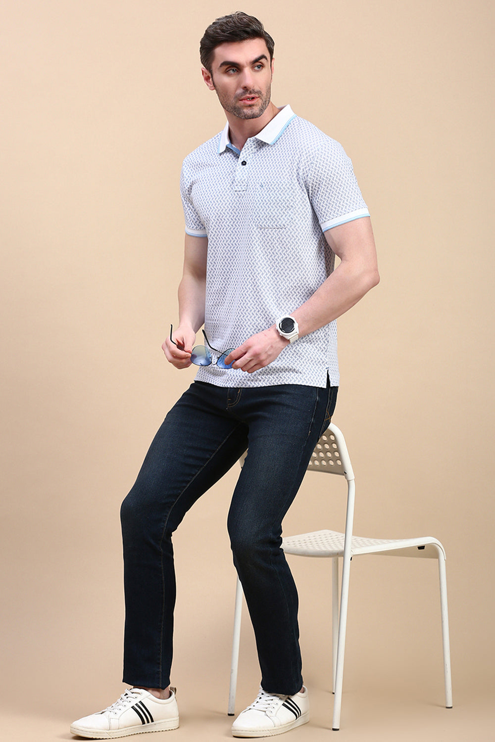 Classic Polo Men's Half Sleeve Navy/White Polo Neck Slim Fit All Over Print T-Shirt | BELLO - 314 B SF P