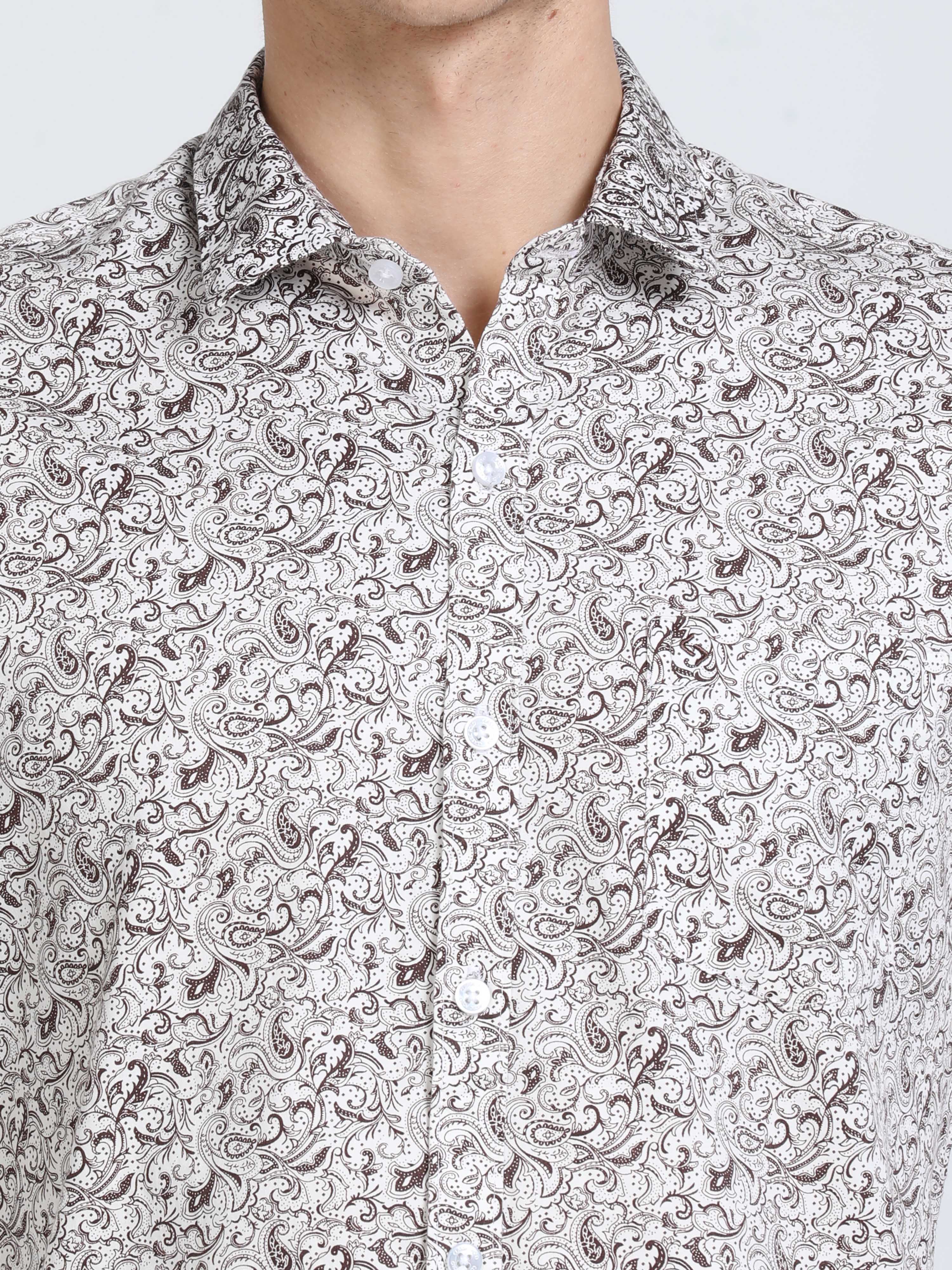 Classic Polo Mens Pure Cotton Full Sleeves Floral Slim Fit Polo Neck White Color Woven Shirt | So2-168 A-Fs-Prt-Sf