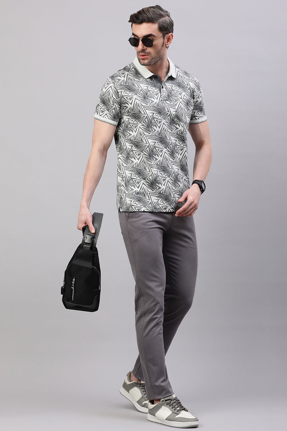Classic Polo Men's Half Sleeve White/Grey Polo Neck Slim Fit All-Over Print T-Shirt