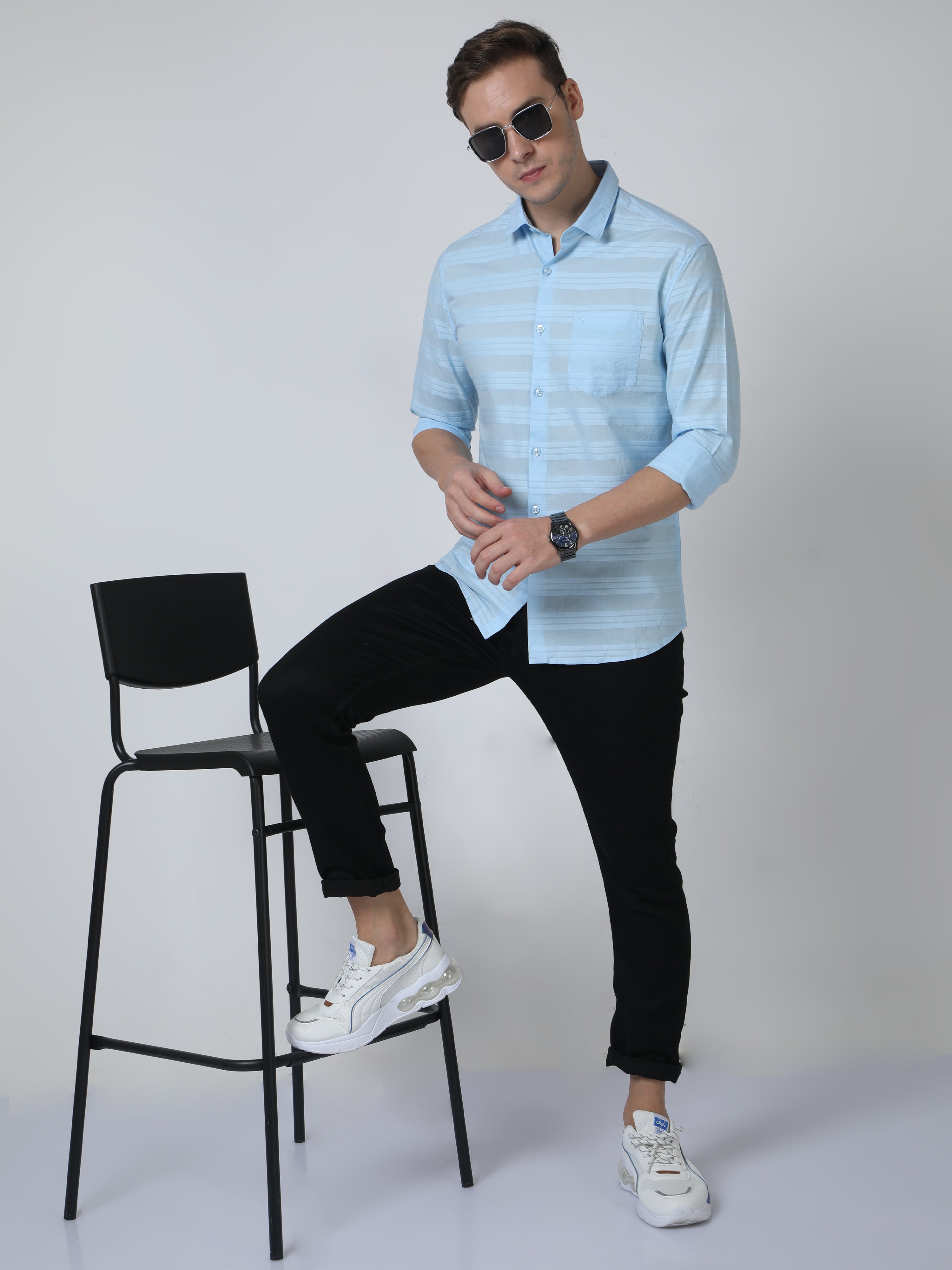 Classic Polo Mens Pure Cotton Full Sleeves Striped Slim Fit Polo Neck Light Blue Color Woven Shirt | So2-176 B-Fs-Sld-Sf