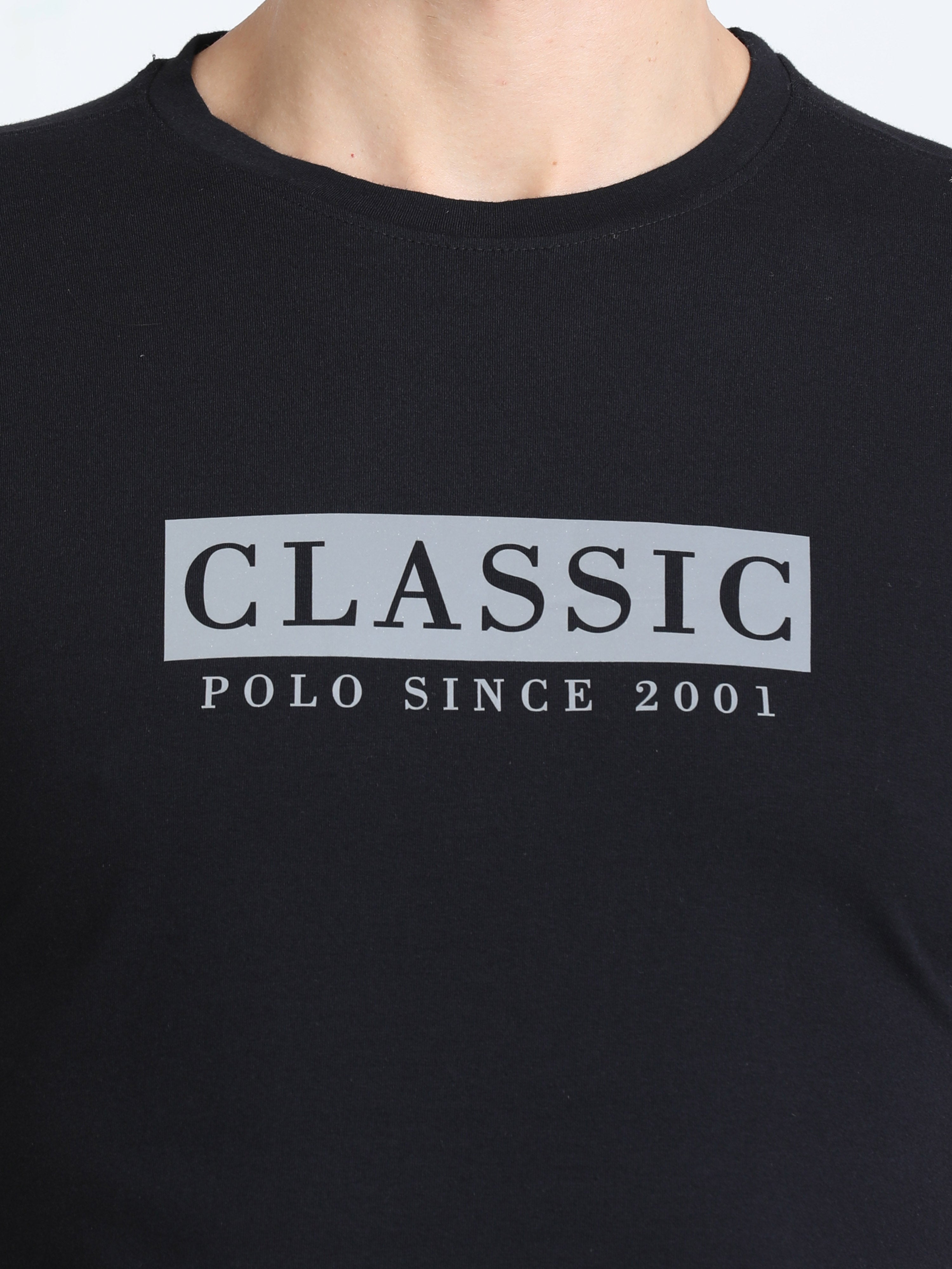 Classic Polo Mens Cotton Half Sleeves Printed Slim Fit Crew Neck Black Color T-Shirt | Baleno - 564 A Sf C