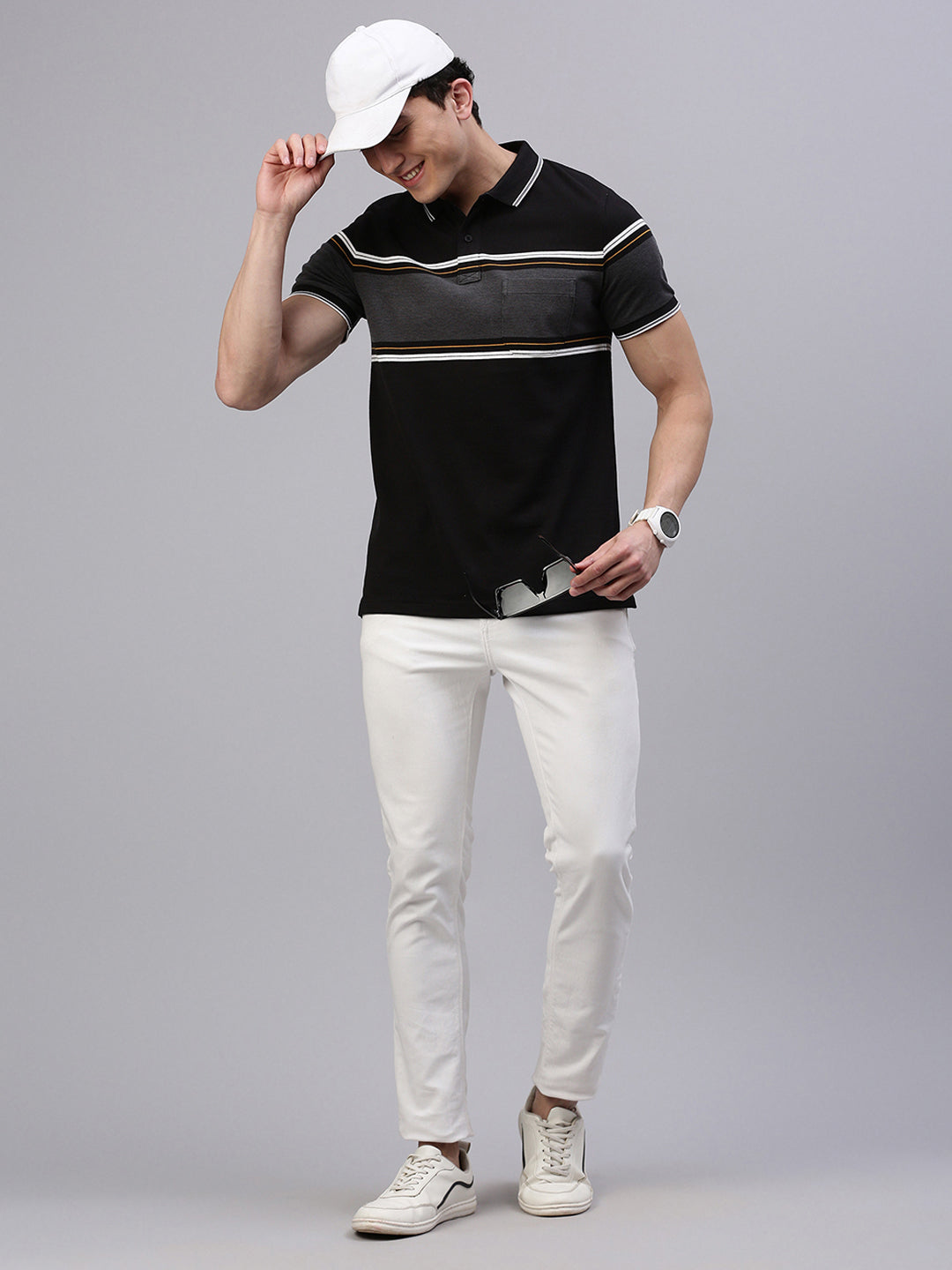 Classic Polo Men's Half Sleeve Black Polo Neck Slim Fit Striped T-Shirt||VTA - 301 B SF P