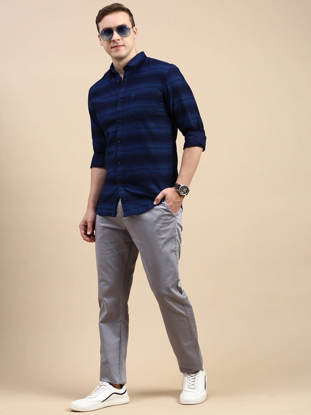 CP BRO Men's Polo Neck Cotton Navy Blue Slim Fit Striped Shirt | SBO2-36A-FS-STR-BSL