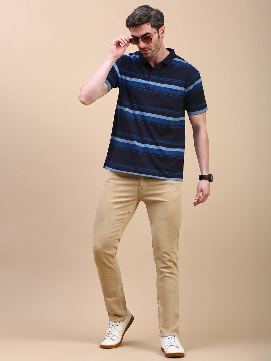 Classic Polo Men's Half Sleeve Navy Blue/Blue Polo Neck Authentic Fit Striped T-Shirt||AVON - 616 B AF P