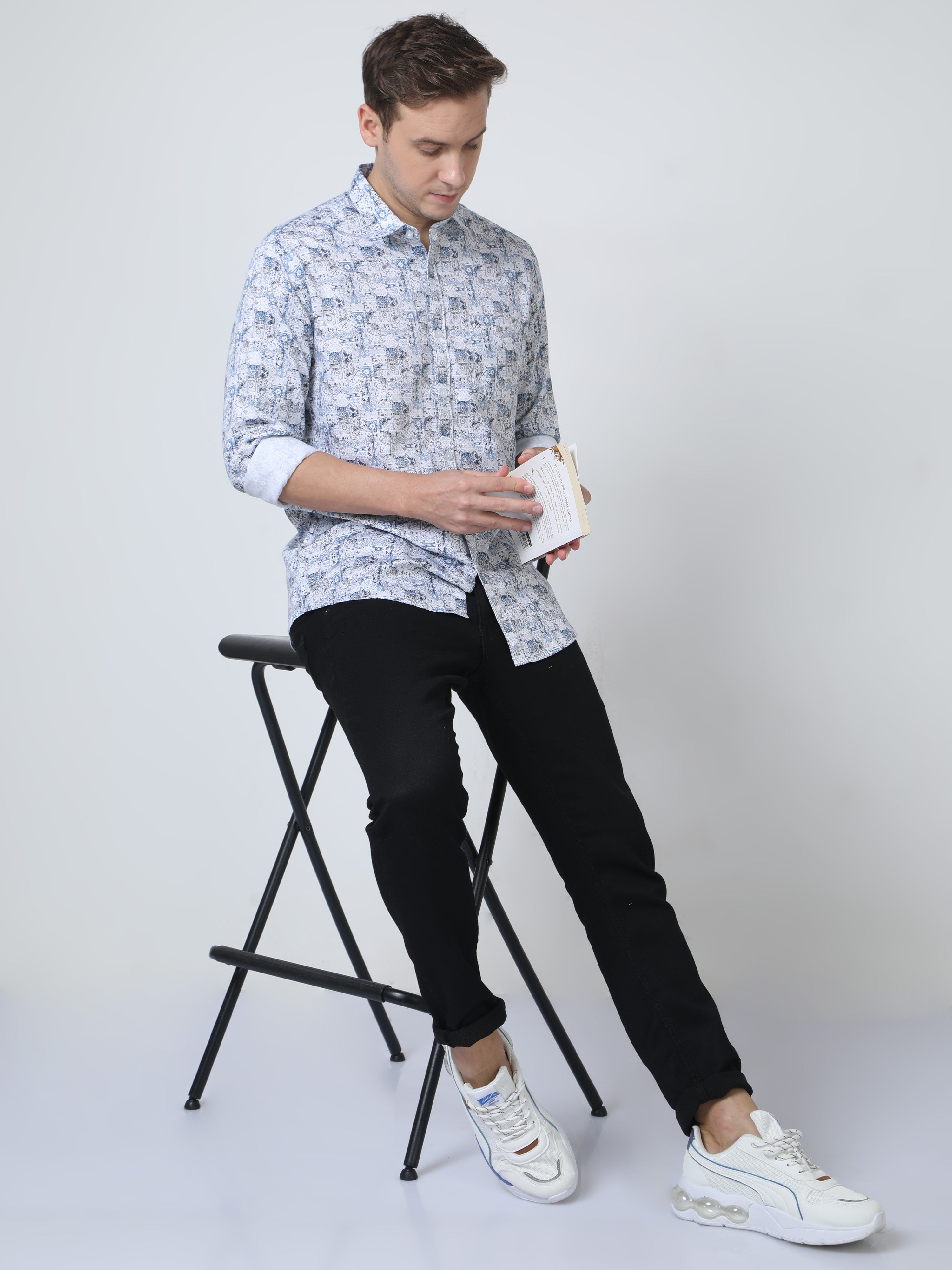 Classic Polo Mens Pure Cotton Full Sleeves Floral Slim Fit Polo Neck Blue Color Woven Shirt | So2-172 B-Fs-Prt-Sf