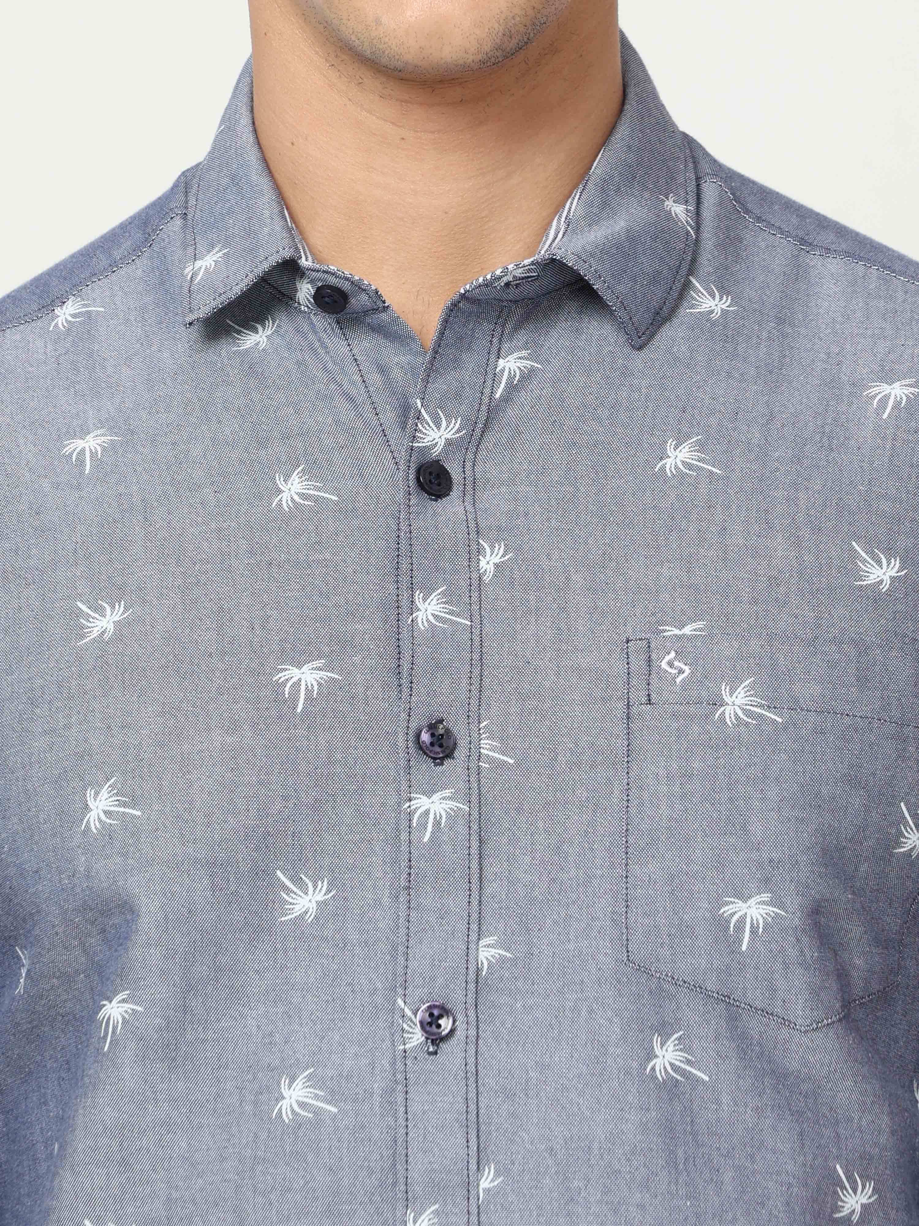 Classic Polo Mens Cotton Full Sleeve Printed Slim Fit Polo Neck Blue Color Woven Shirt | SO1-177 A-FS-PRT