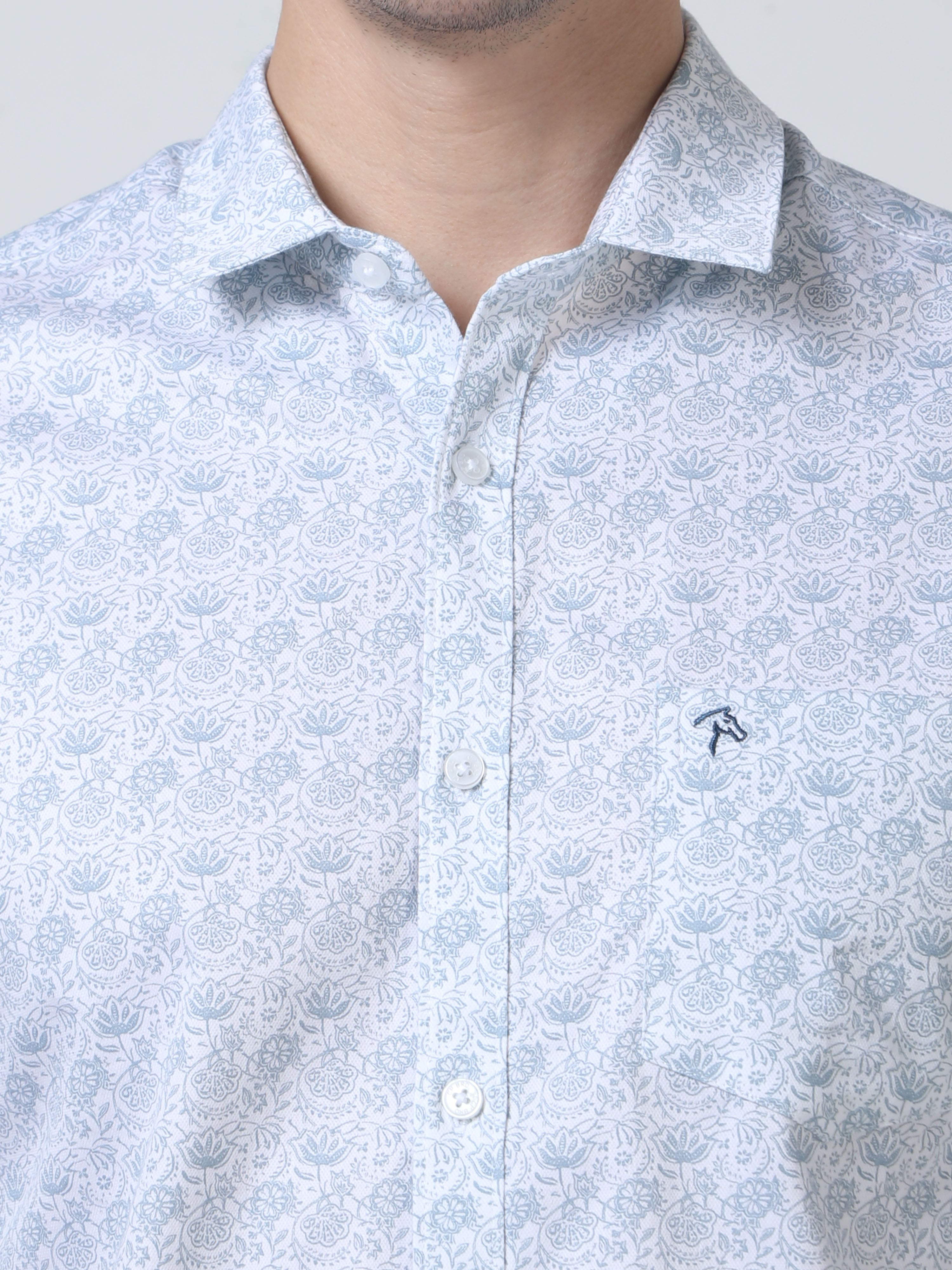 CP BRO Mens Pure Cotton Full Sleeves Printed Slim Fit Polo Neck Aqua Blue Color Woven Shirt | Sbo2-21 A-Fs-Prt-Bsl