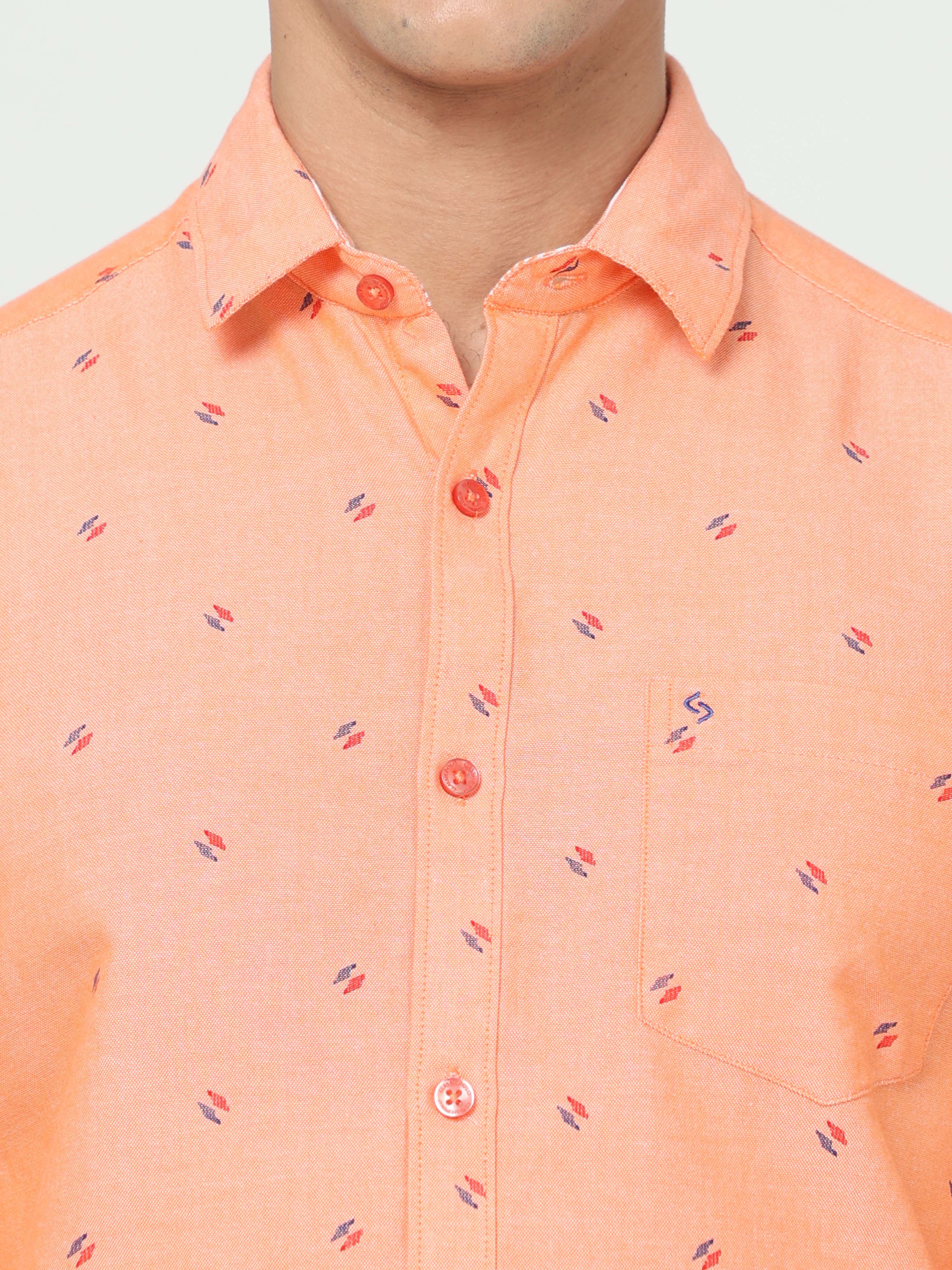 Classic Polo Mens Cotton Full Sleeve Printed Slim Fit Polo Neck Orange Color Woven Shirt | SO1-177 B-FS-PRT