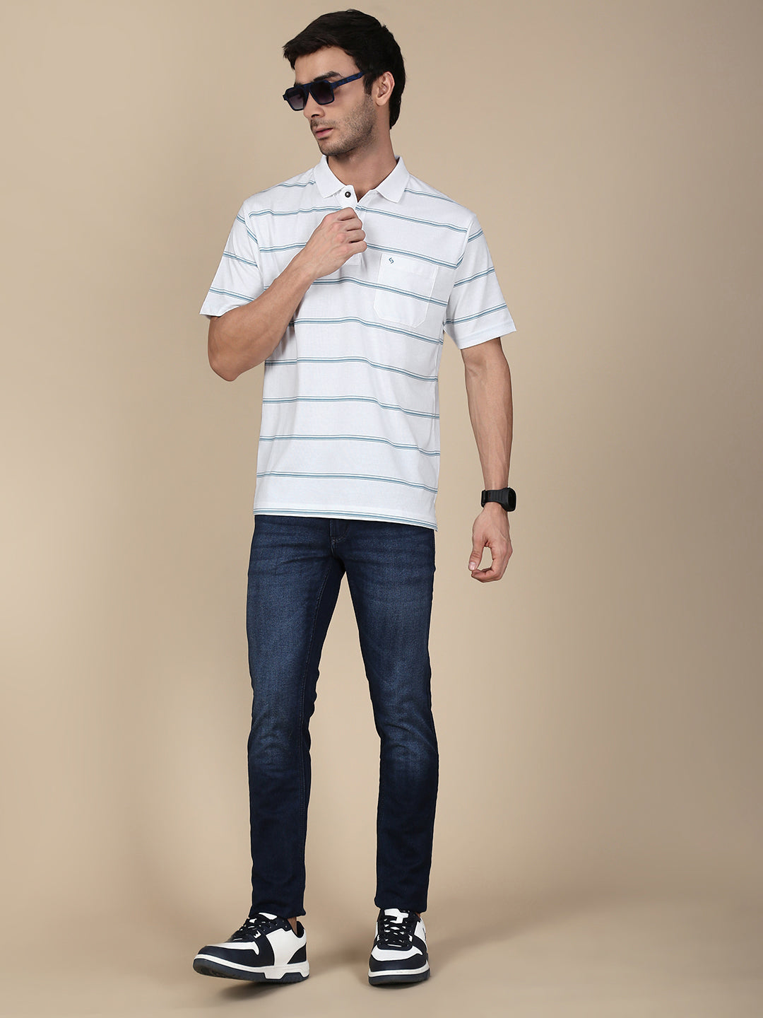 Classic Polo Men's Half Sleeve White/Blue Polo Neck Authentic Fit Striped T-Shirt||AVON - 604 B AF P