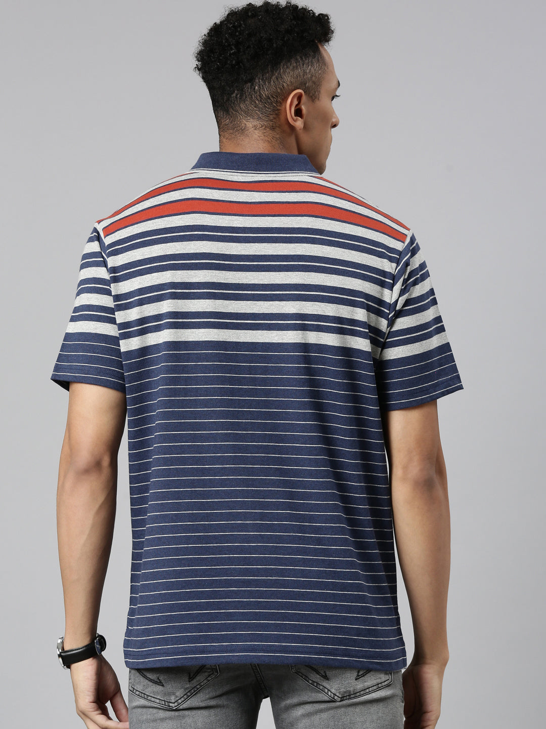 Classic Polo Men's Polo Neck Cotton Navy/Grey Authentic Fit Striped T-Shirt | MEL-251 B AF P