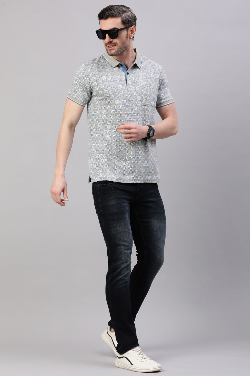 Classic Polo Men's Half Sleeve Grey Polo Neck Slim Fit All-Over Print T-Shirt