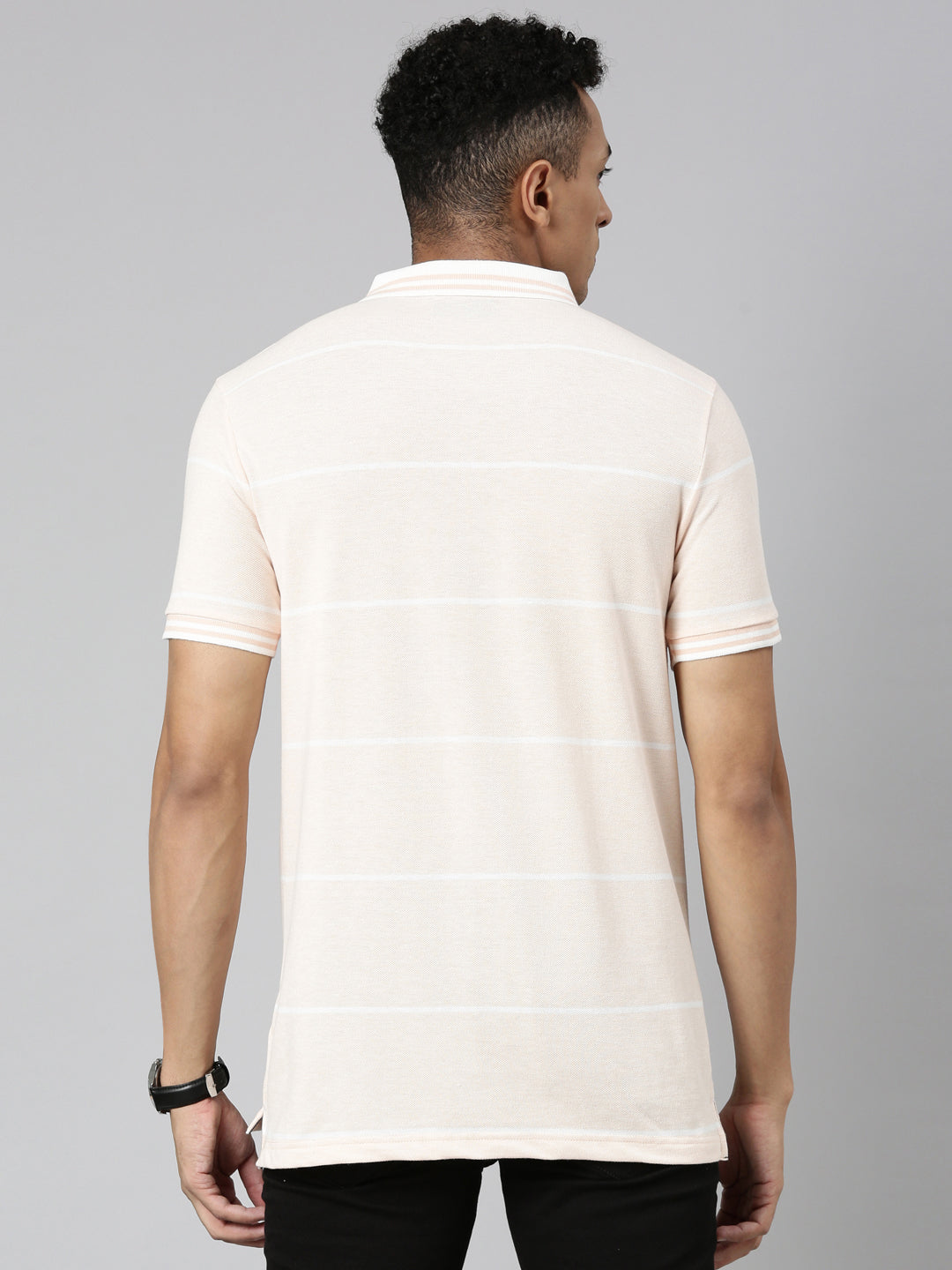 Classic Polo Men's Polo Neck Cotton Lt.Peach Slim Fit Striped T-Shirt | ADORE-216 A SF P