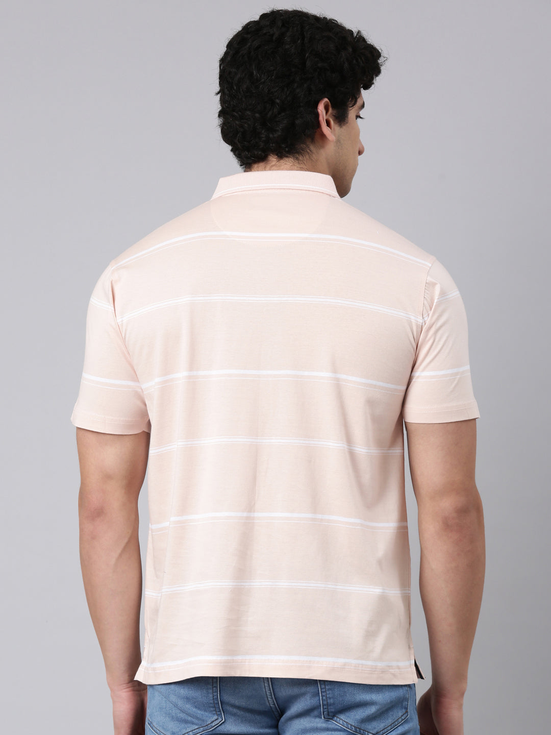 Classic Polo Men's Half Sleeve Light Peach Polo Neck Authentic Fit Striped Cotton T-Shirt | AP - 156 B AF P