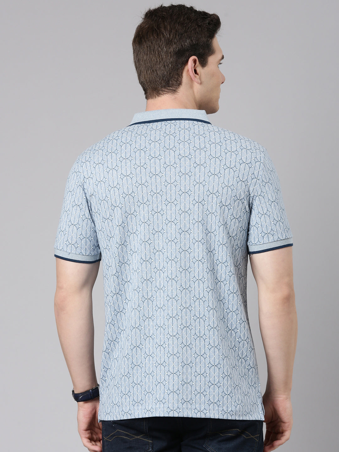 Classic Polo Men's Half Sleeve Blue Polo Neck Slim Fit All Over Print Cotton T-Shirt | BEAU - 290 A SF P