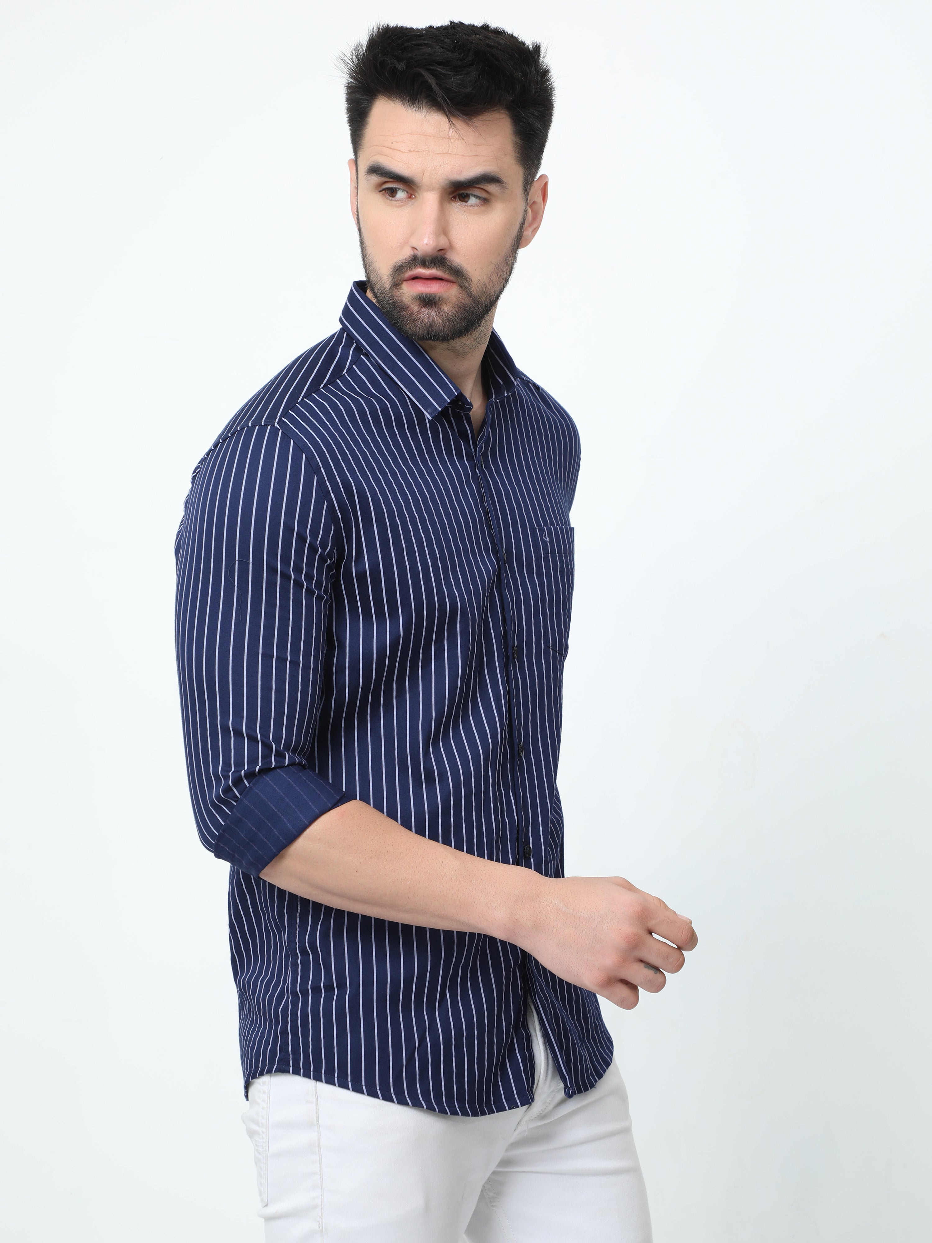 Classic Polo Mens Pure Cotton Full Sleeves Striped Slim Fit Polo Neck Navy Color Woven Shirt | So2-179 A-Fs-Str-Sf