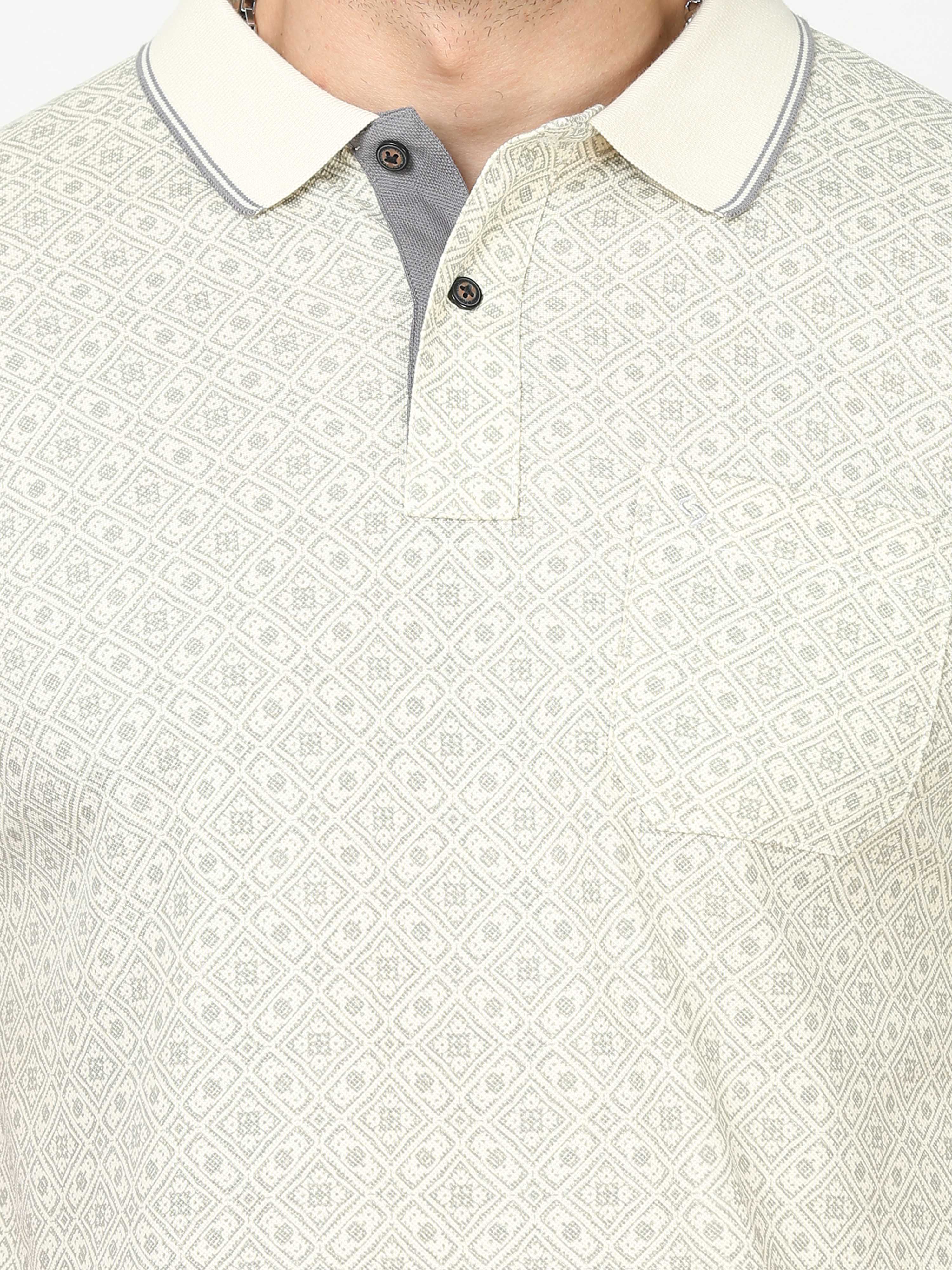 Classic Polo Mens Cotton Half Sleeves Floral Slim Fit Polo Neck Cream Color T-Shirt | Beau - 211 A Sf P