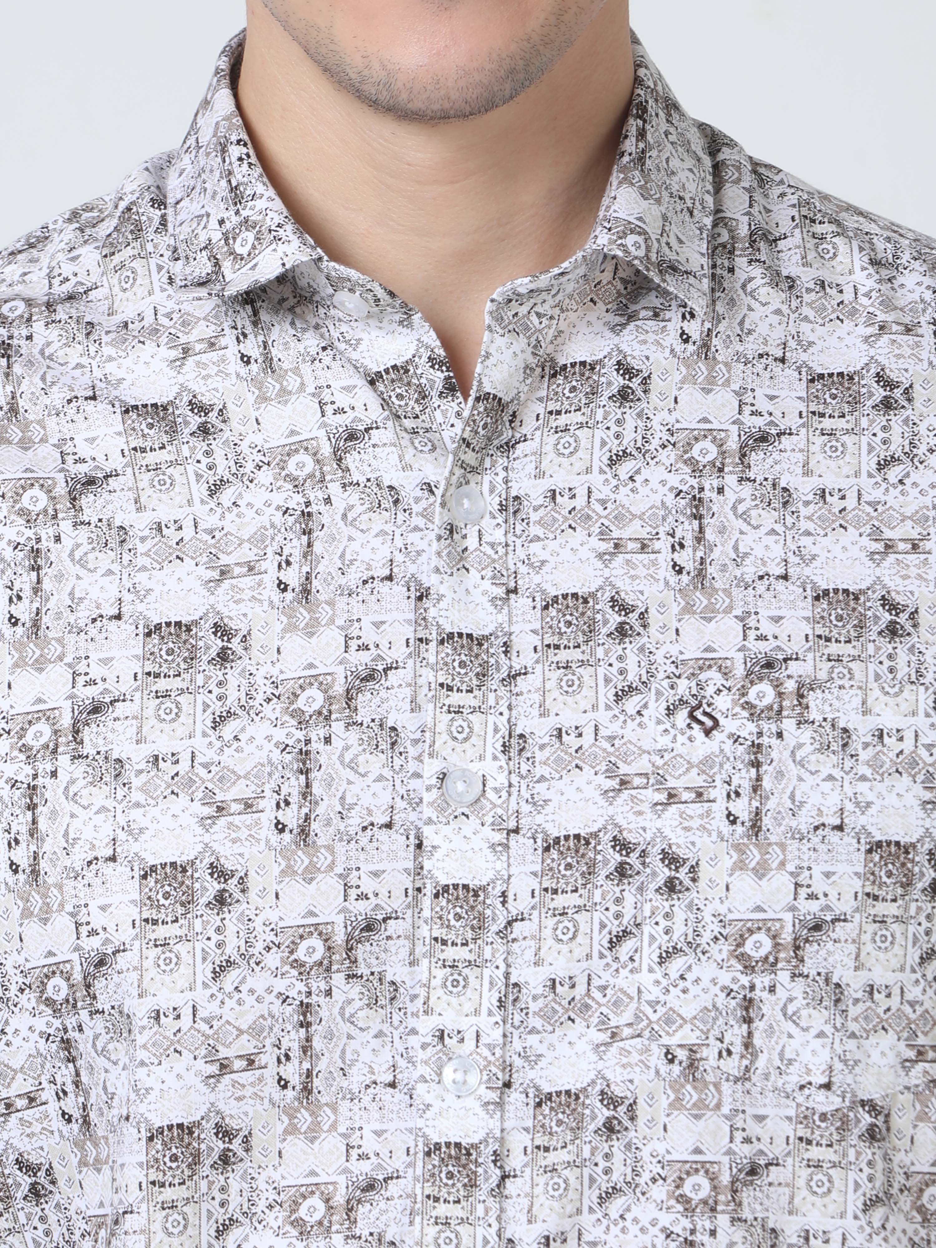 Classic Polo Mens Pure Cotton Full Sleeves Floral Slim Fit Polo Neck White Color Woven Shirt | So2-172 A-Fs-Prt-Sf