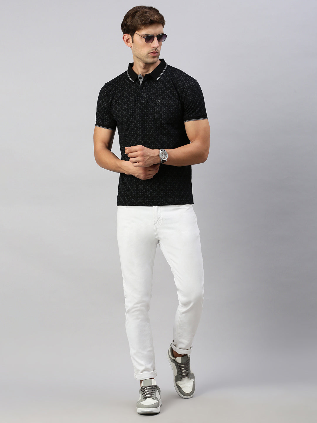 Classic Polo Men's Half Sleeve Black/Grey Polo Neck Slim Fit Printed T-Shirt | BEAU - 265 B SF P