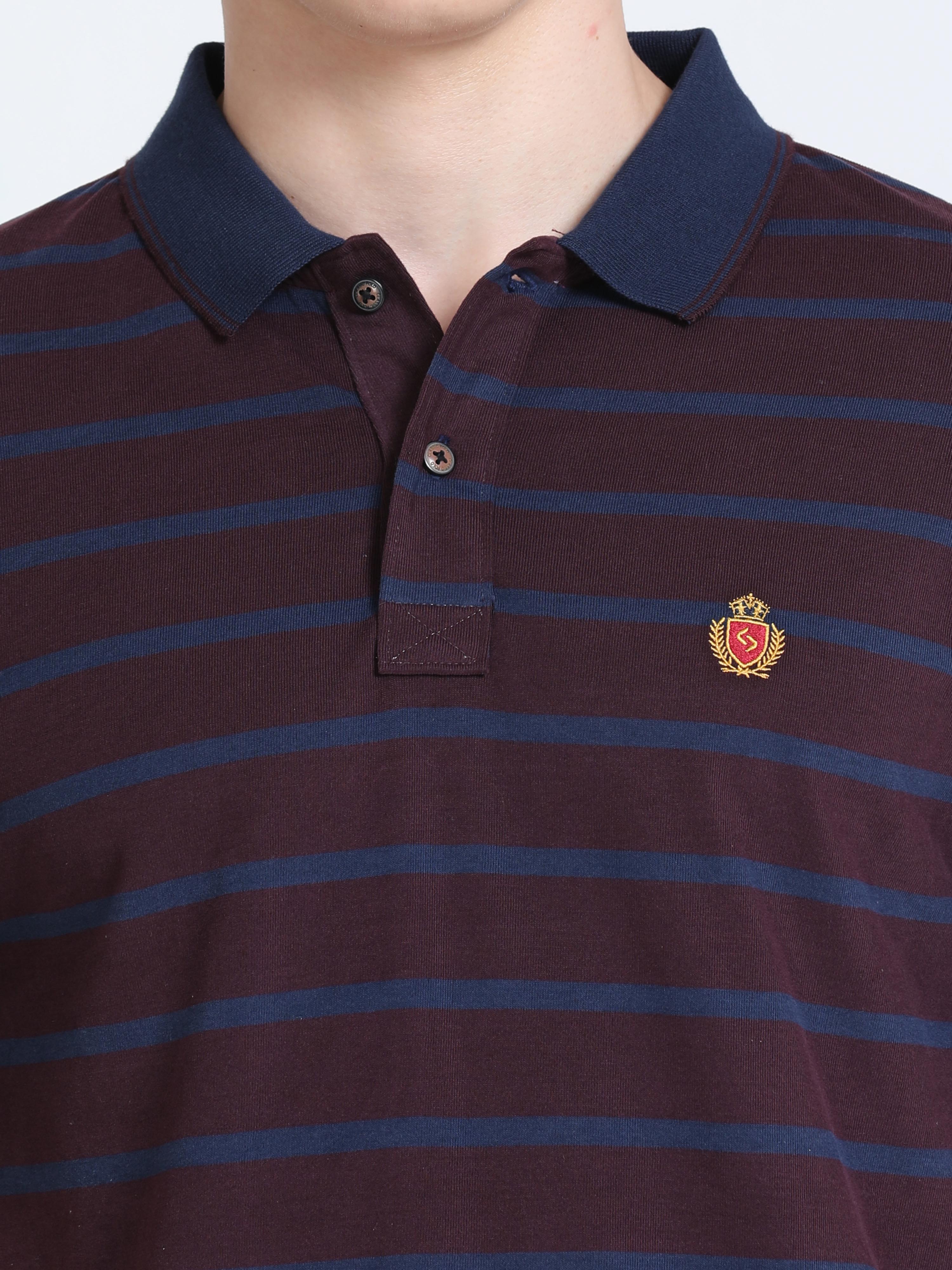 Classic Polo Mens Cotton Half Sleeves Striped Slim Fit Polo Neck Burgudy Color T-Shirt | Cpeg - 310 B Sf P