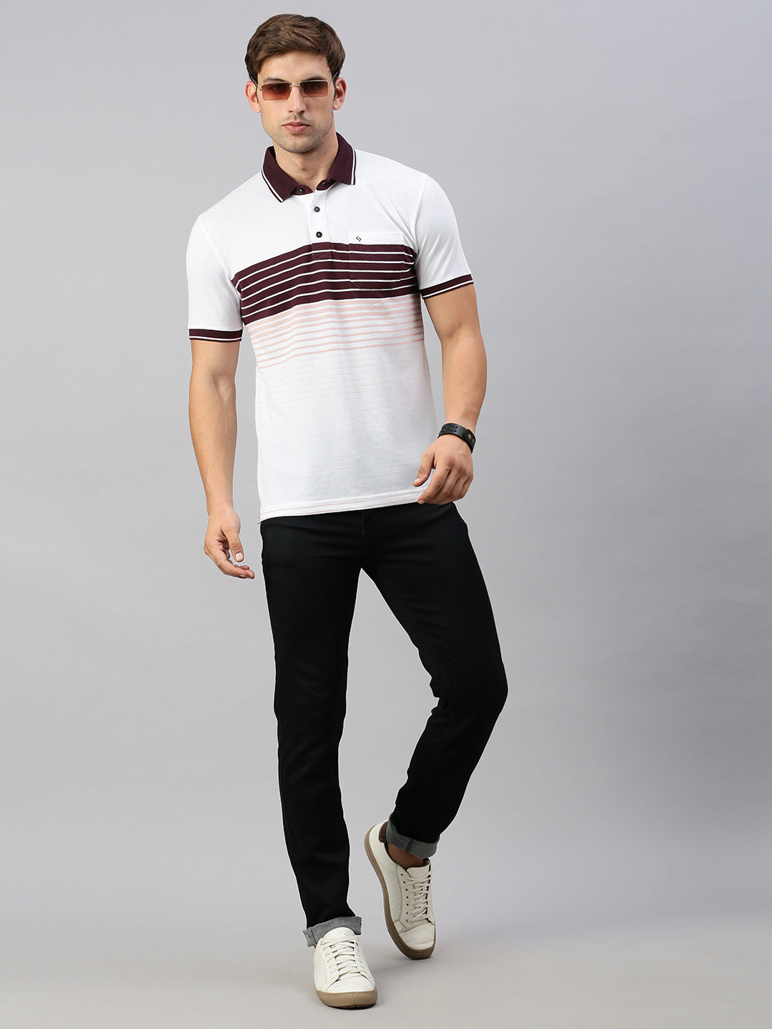 Classic Polo Men's Half Sleeve White/Burgundy Polo Neck Slim Fit Striped T-Shirt | VTA - 284 B SF P