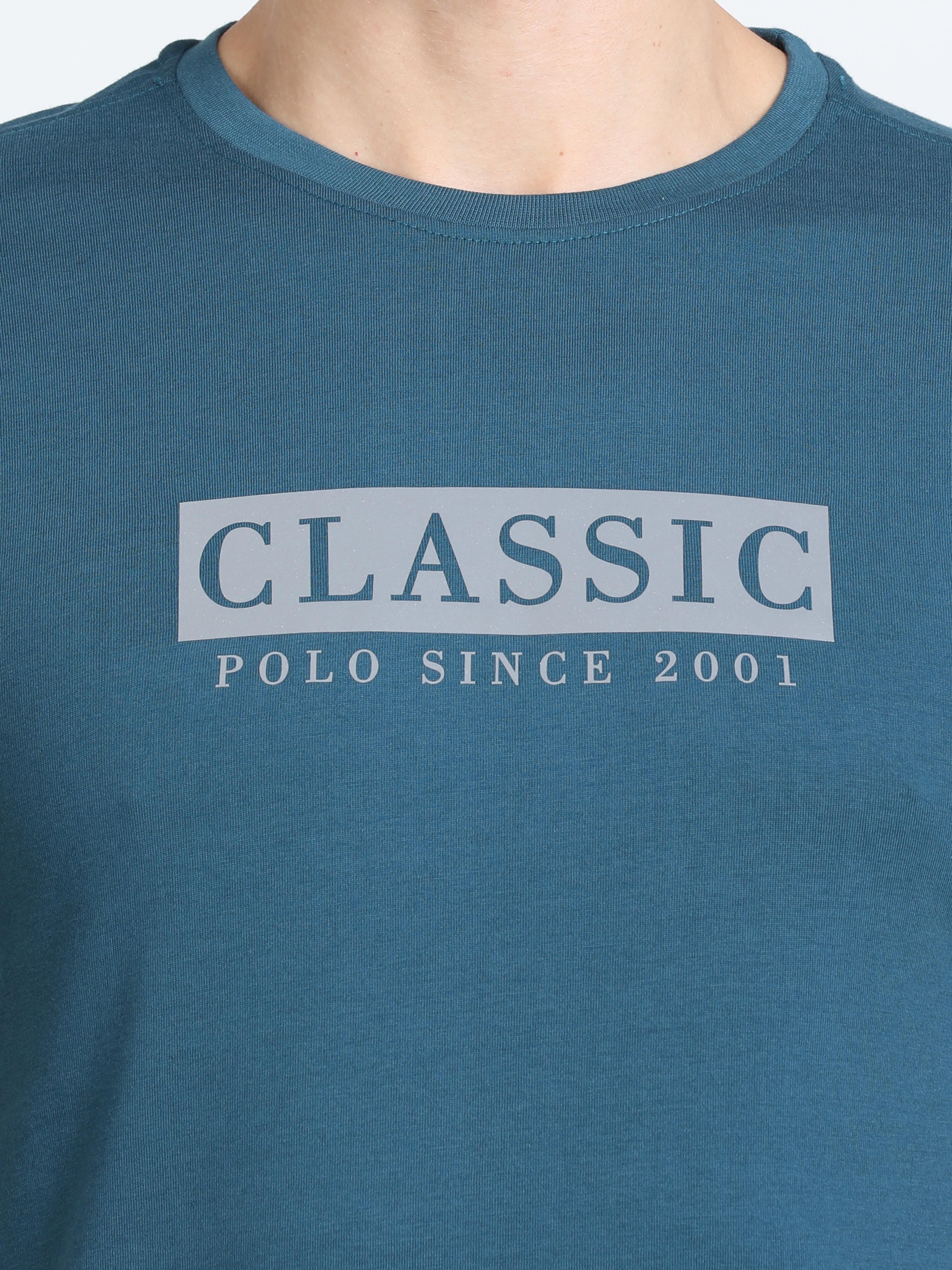 Classic Polo Mens Cotton Half Sleeves Printed Slim Fit Crew Neck Blue Color T-Shirt | Baleno - 564 B Sf C