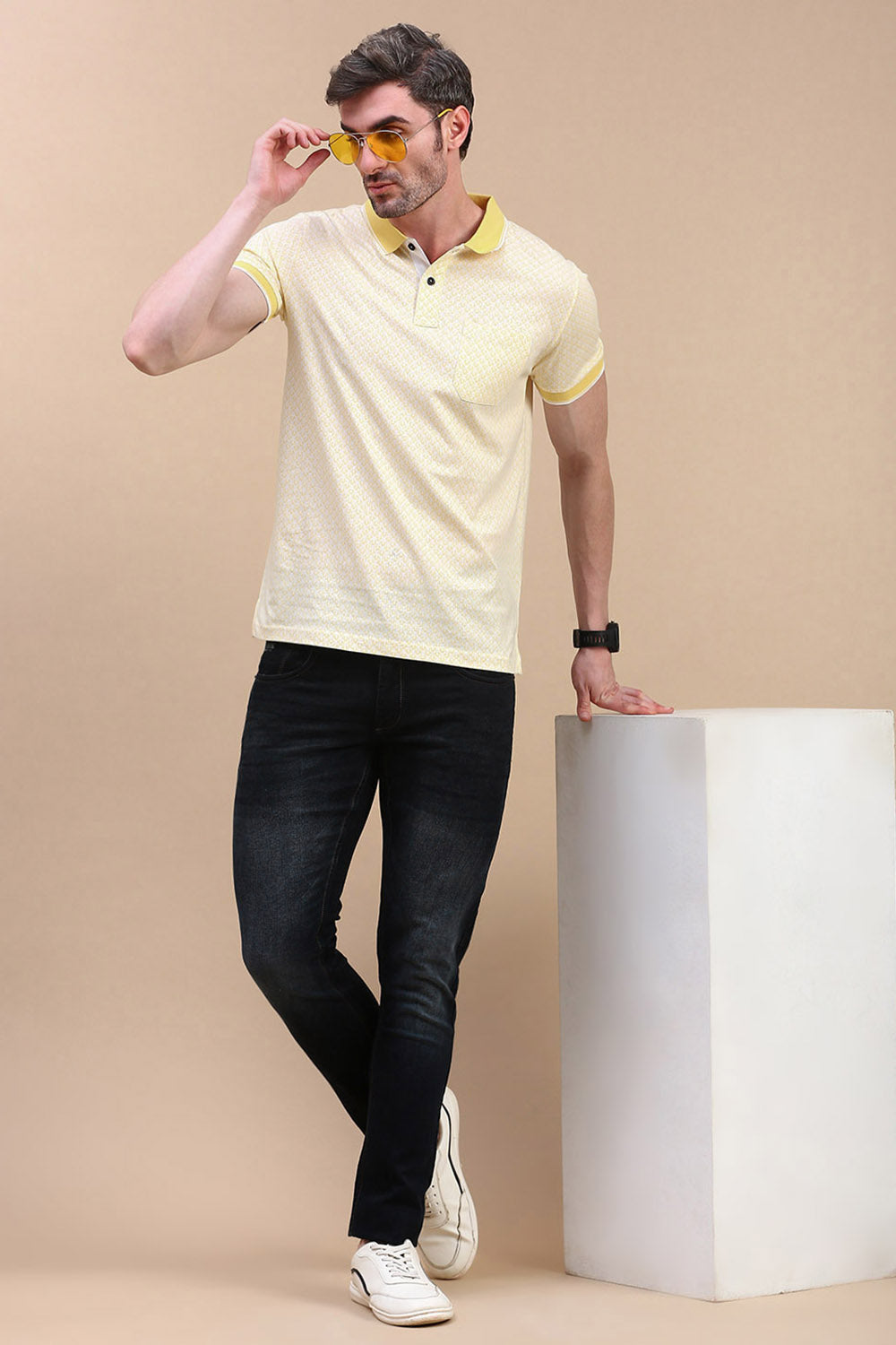 Classic Polo Men's Half Sleeve Yellow Polo Neck Slim Fit All Over Print T-Shirt | BELLO - 312 B SF P
