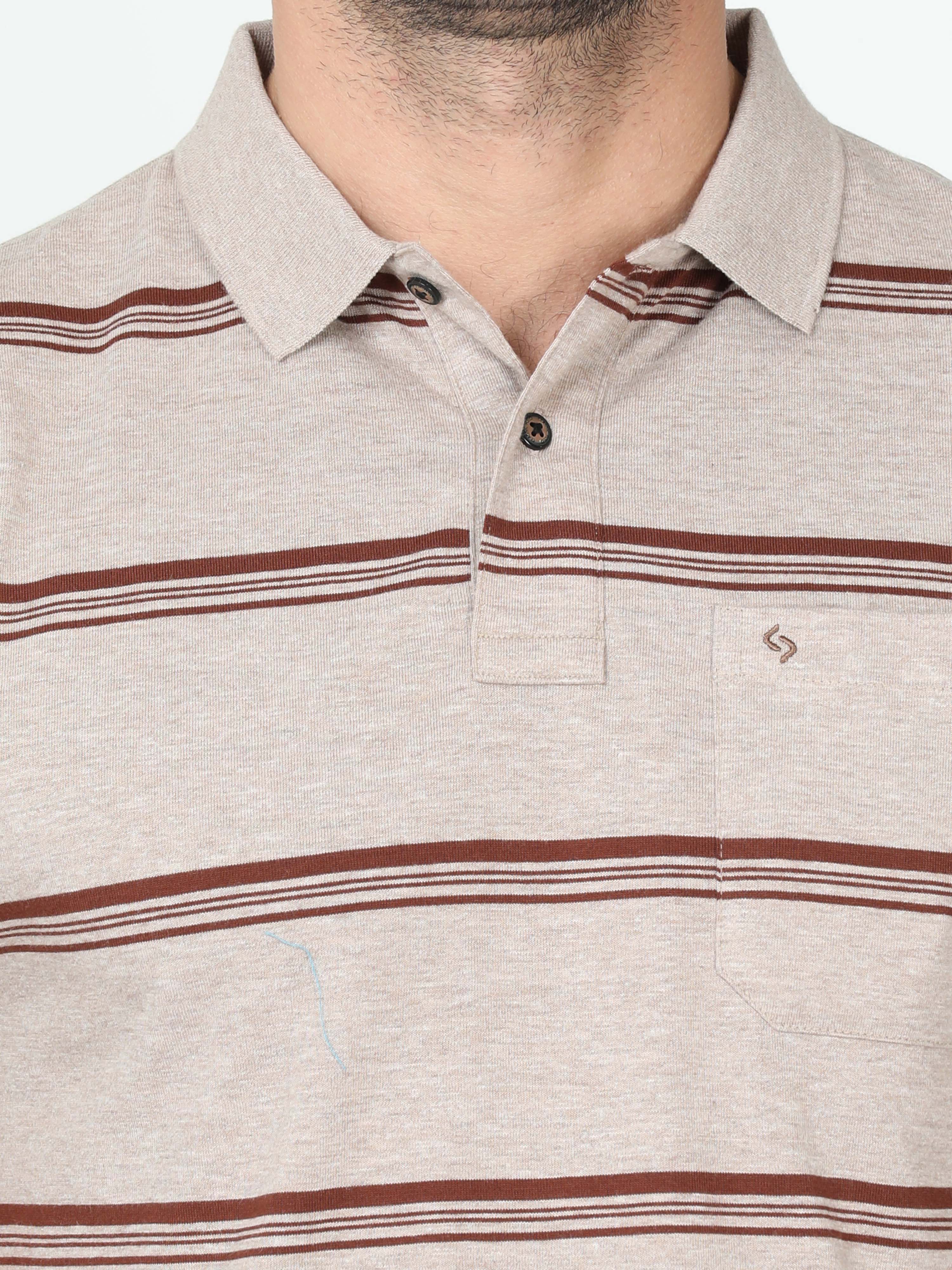 Classic Polo Mens Cotton Blended Half Sleeve Striped Authentic Fit Polo Neck Brown Color T Shirt | F-Avon - 108 B