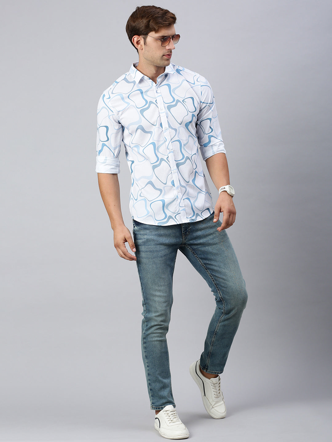 Classic Polo Men's Full Sleeve Lt.Blue/White Polo Neck Slim Fit Printed Shirt | SP2-GN-06 A-FS-PRT-BSL