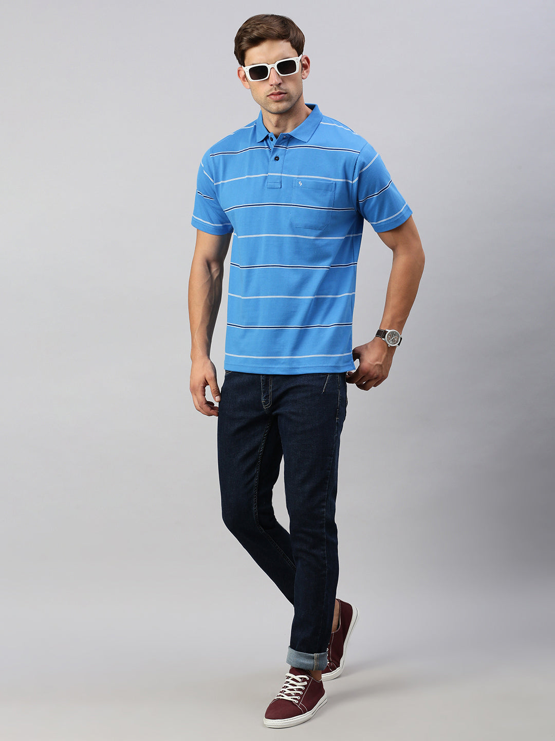 Classic Polo Men's Half Sleeve Royal Blue Polo Neck Authentic Fit Striped T-Shirt | AVON - 581 A AF P
