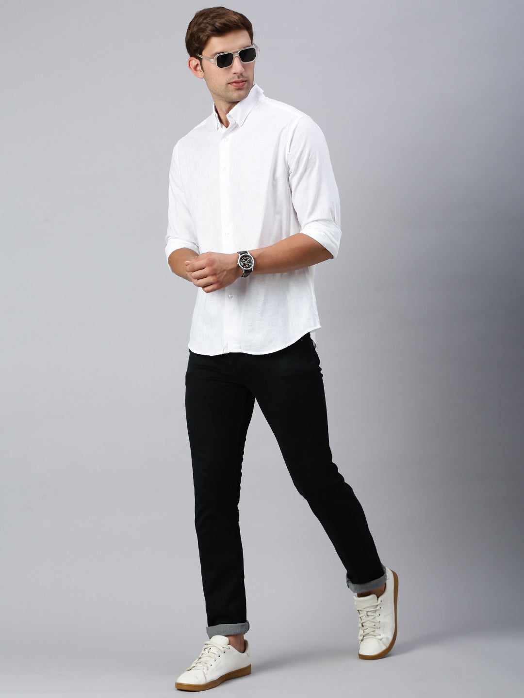 Classic Polo Men's Full Sleeve White Polo Neck Slim Fit Checked Shirt | SP2-CL-35 A-FS-CHK-SF