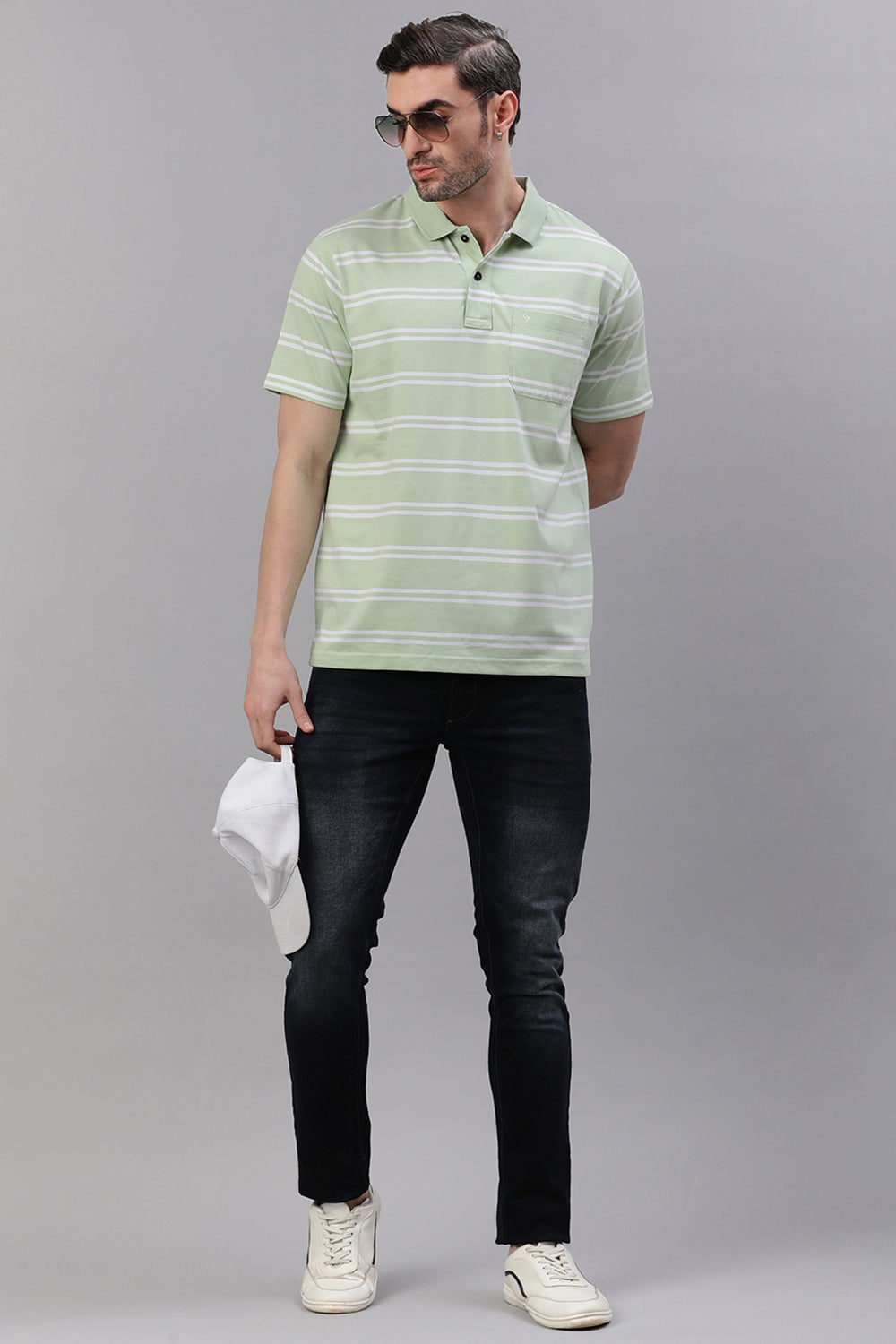 Classic Polo Men's Half Sleeve Green/White Polo Neck Authentic Fit Striped T-Shirt