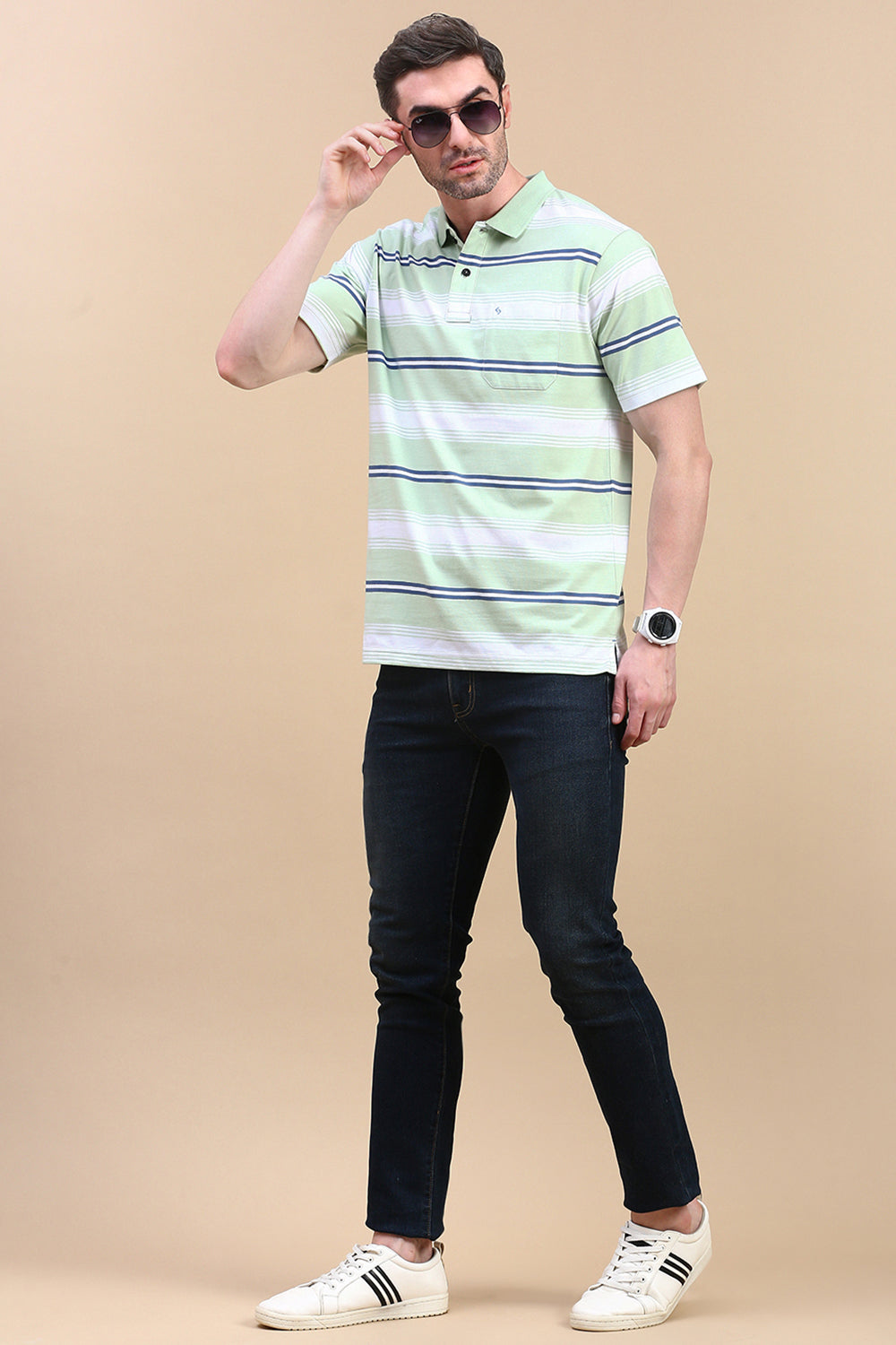 Classic Polo Men's Half Sleeve Green/White Polo Neck Authentic Fit Striped T-Shirt | AVON - 605 B AF P