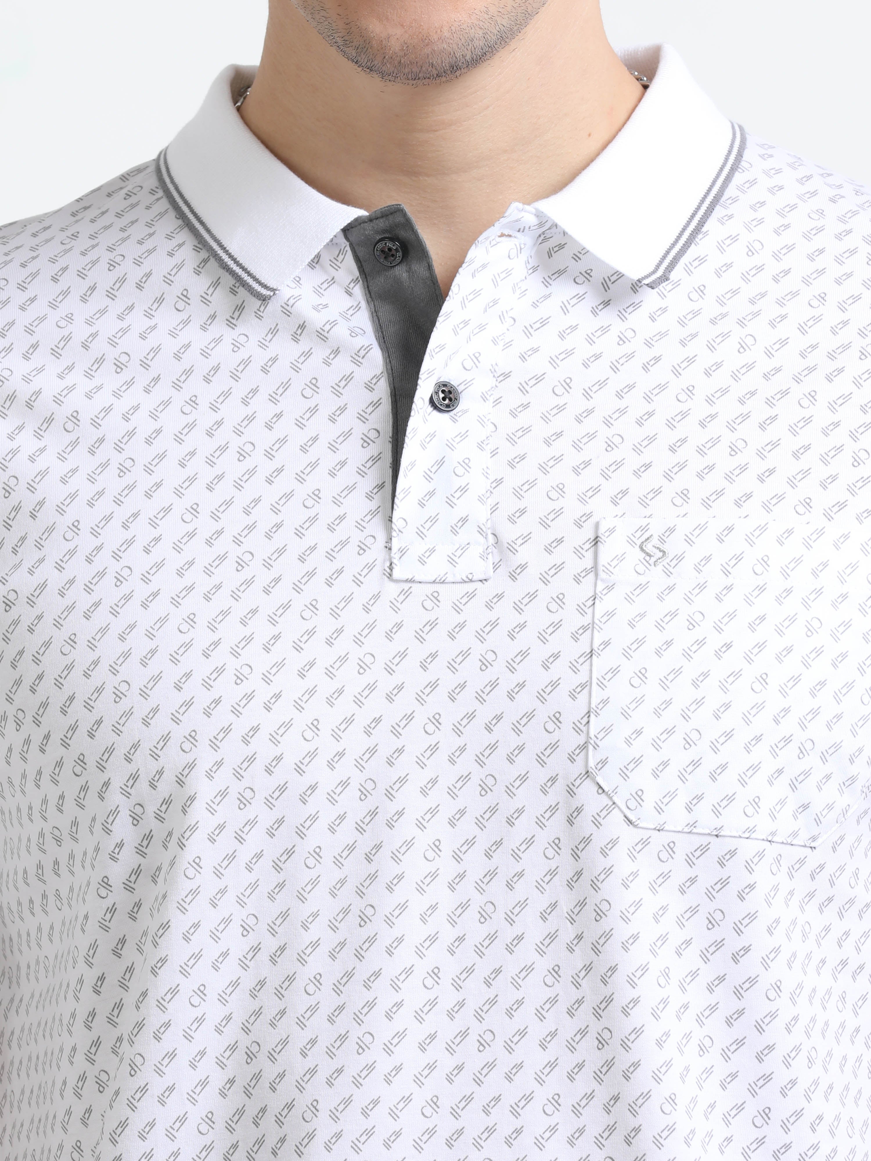 Classic Polo Mens Pure Cotton Half Sleeves Printed Slim Fit Polo Neck White Color T-Shirt | Bello - 216 A Sf P