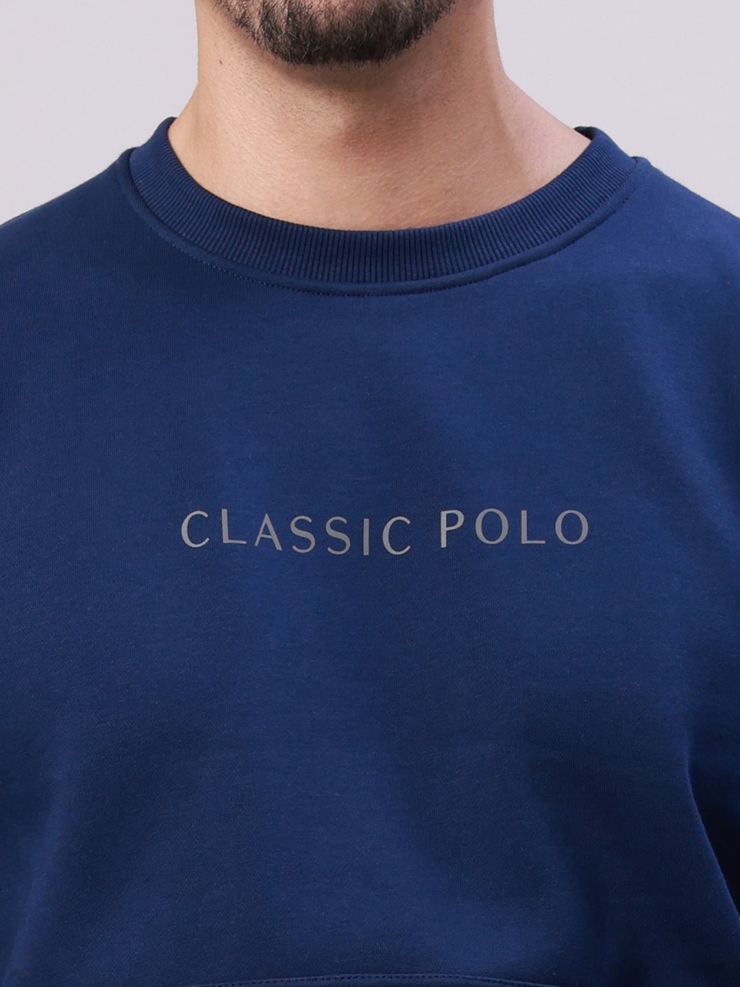 Classic Polo Men's Navy Blue Crew Neck Pull Over Solid Kangaroo Pocket Sweatshirt | CPSS - 514 A