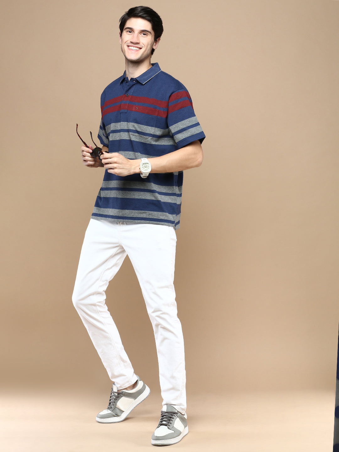 Classic Polo Men's Half Sleeve Navy/Grey Polo Neck Authentic Fit Striped T-Shirt | MEL - 257 A AF P