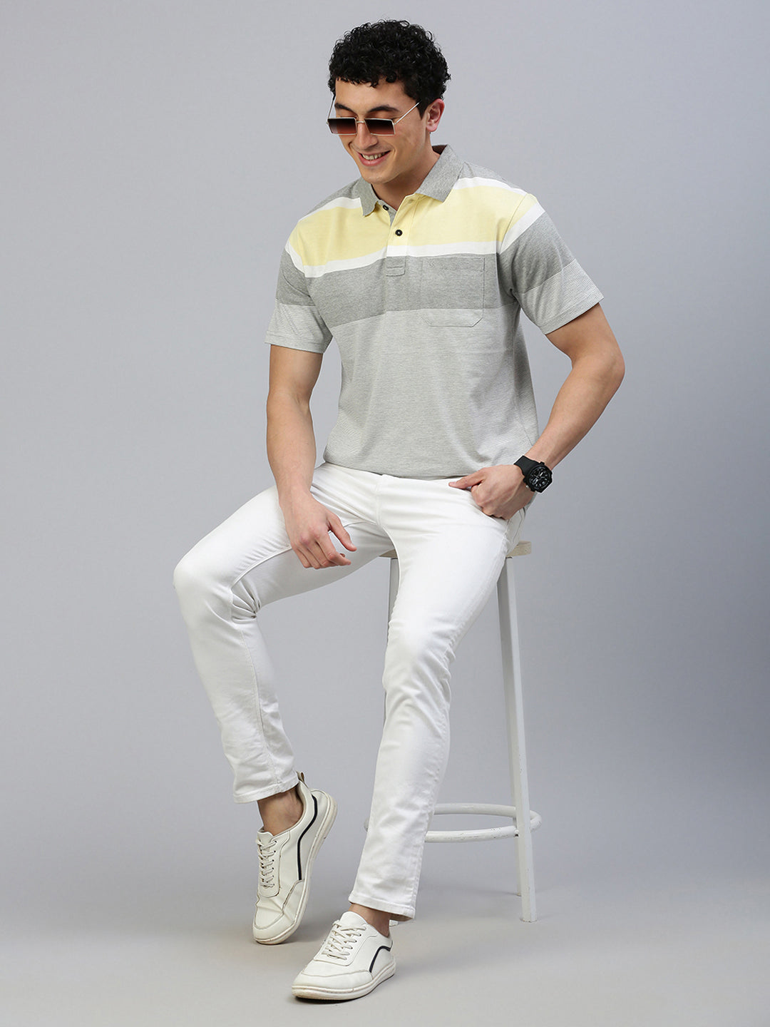 Classic Polo Men's Half Sleeve Grey/White Polo Neck Authentic Fit Striped T-Shirt||MEL - 262 A AF P