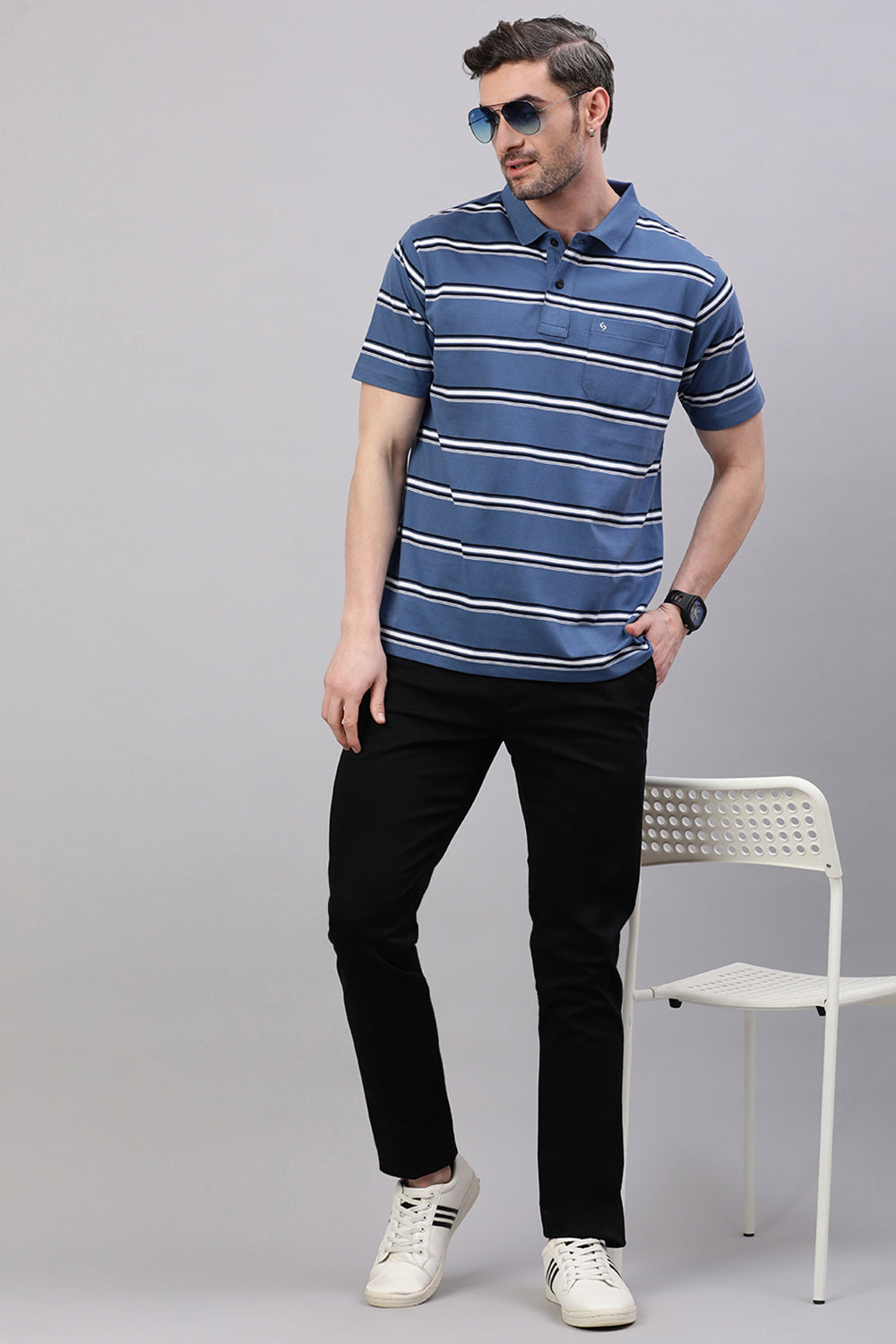 Classic Polo Men's Half Sleeve Dr.Grey/White Polo Neck Authentic Fit Striped T-Shirt