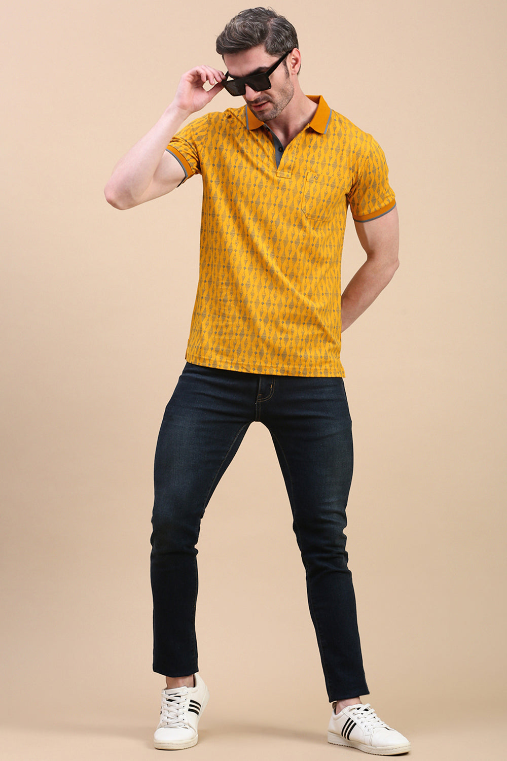 Classic Polo Men's Half Sleeve Mustard Polo Neck Slim Fit All-Over Print T-Shirt