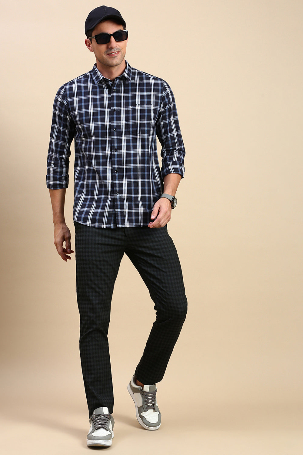 Classic Polo Men's Full Sleeve Navy/White Polo Neck Slim Fit Checked Shirt | SP2-CL-76 B-FS-CHK-SF