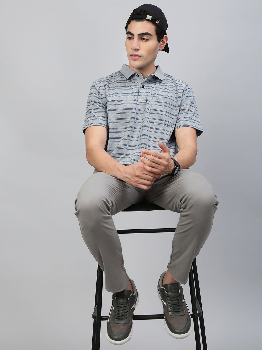 Classic Polo Men's Half Sleeve Grey/Blue Polo Neck Authentic Fit Striped T-Shirt||FEEDERS - 275 B AF P