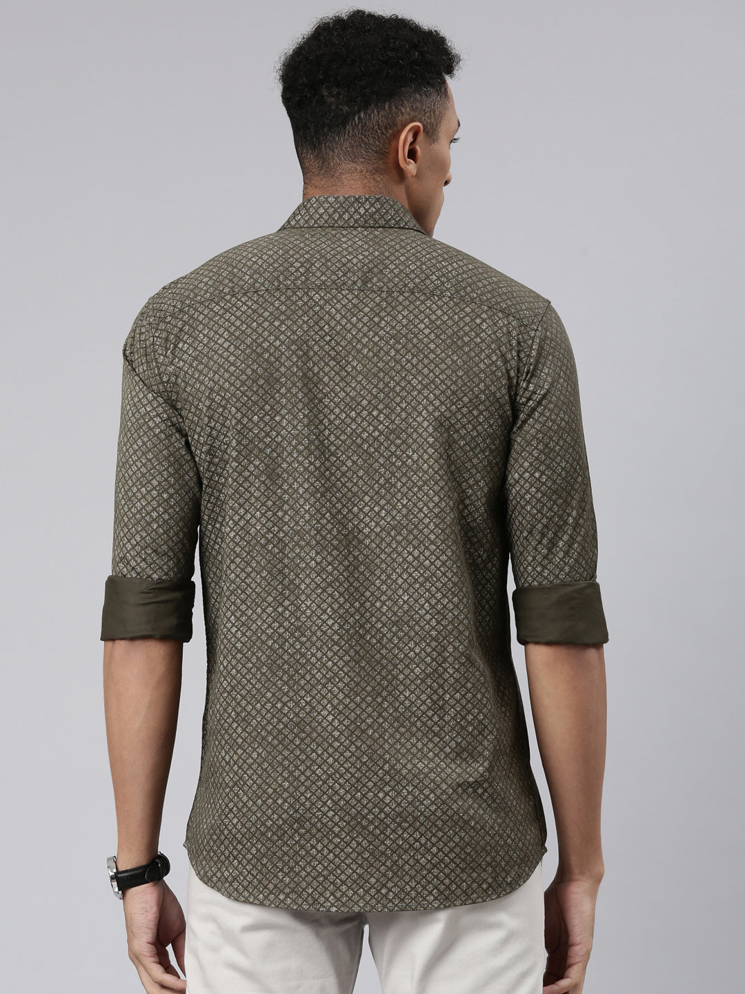 Classic Polo Men's Full Sleeve Olive Polo Neck Cotton Slim Fit Casual Shirt | SP2-149-PRT-SF FS