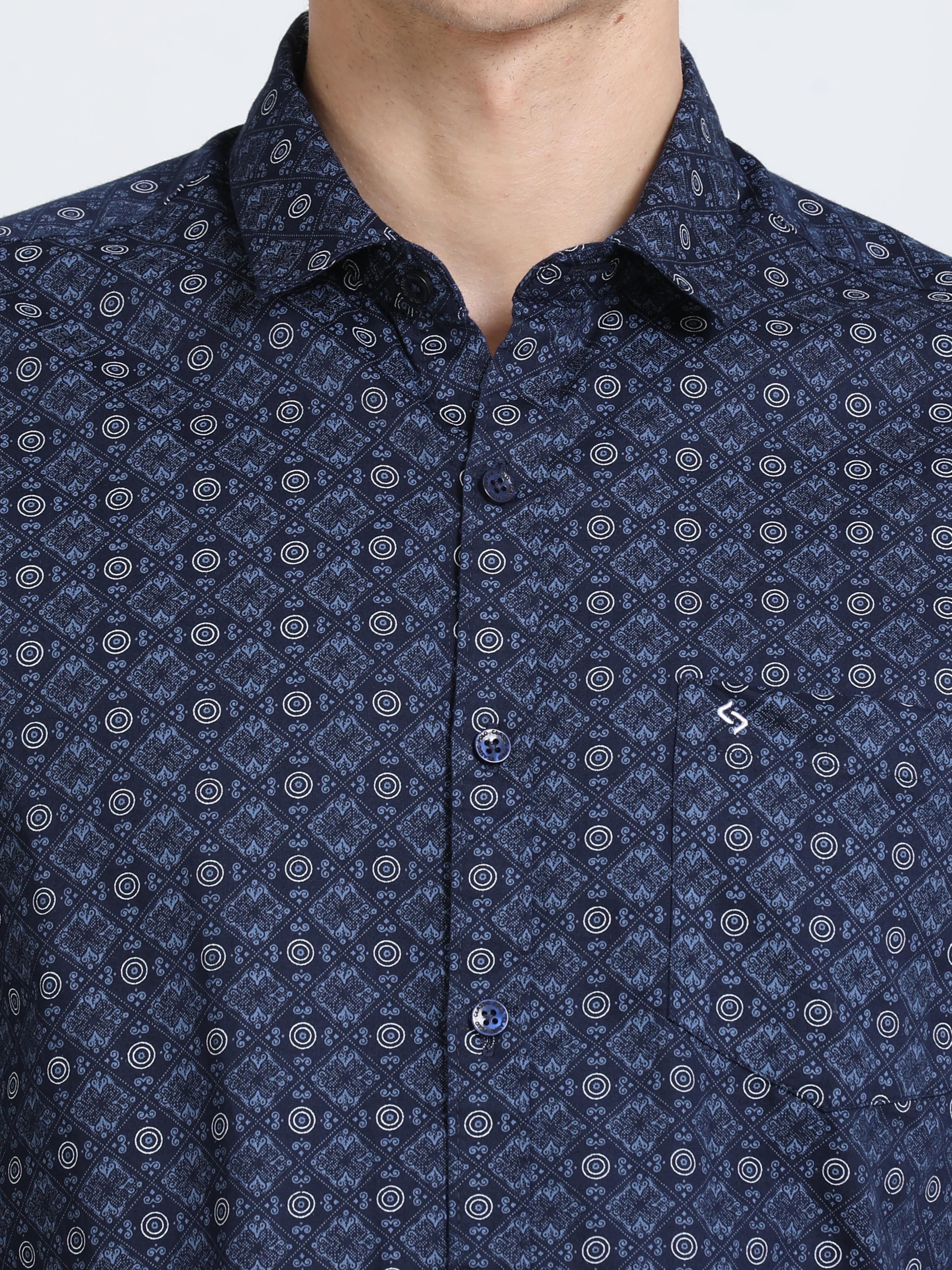 Classic Polo Mens Pure Cotton Full Sleeves Printed Slim Fit Polo Neck Dark Navy Color Woven Shirt | So2-170 A-Fs-Prt-Sf