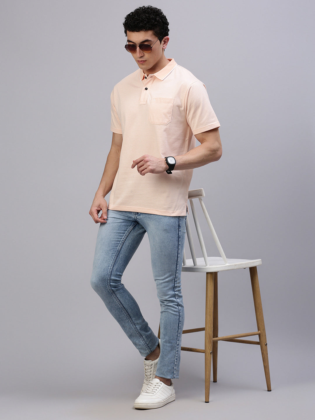 Classic Polo Men's Half Sleeve Lt.Orange Polo Neck Authentic Fit Striped T-Shirt||FEEDERS - 271 B AF P