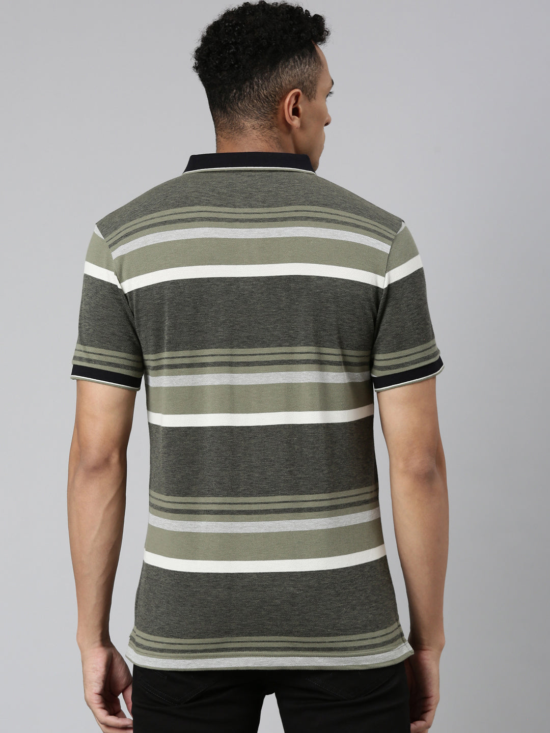 Classic Polo Men's Polo Neck Cotton Olive Green/Black Slim Fit Striped T-Shirt | ADORE-222 B SF P