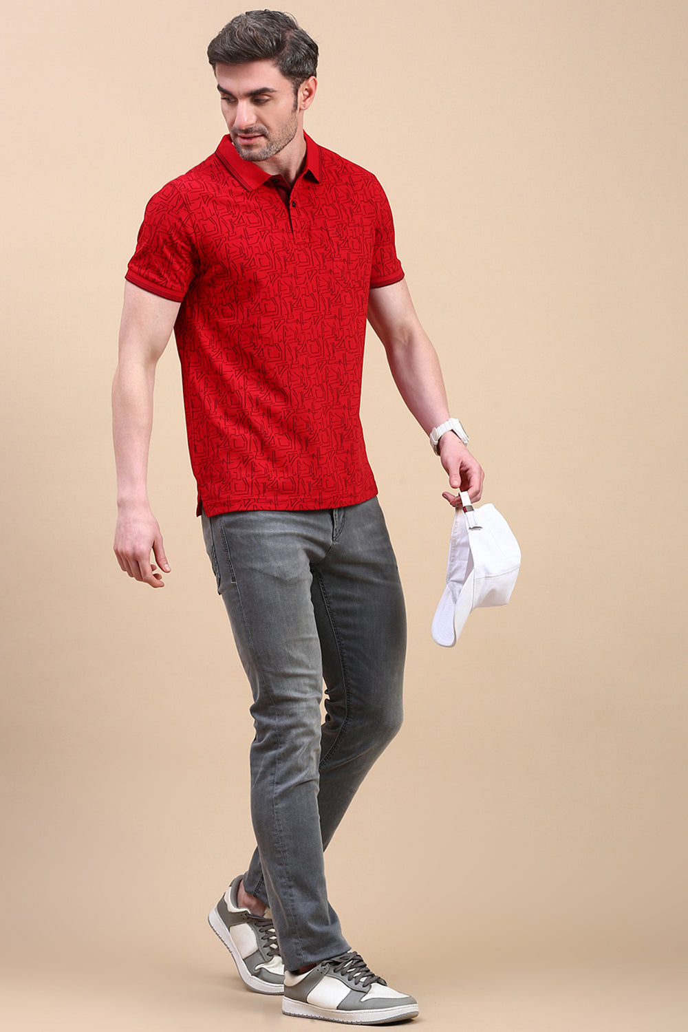Classic Polo Men's Half Sleeve Red Polo Neck Slim Fit All Over Print T-Shirt | BEAU - 277 B SF P