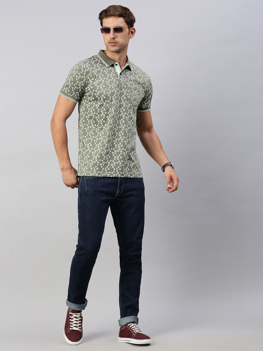 Classic Polo Men's Half Sleeve Olive/White Polo Neck Cotton Slim Fit T Shirt | BELLO - 293 B SF P