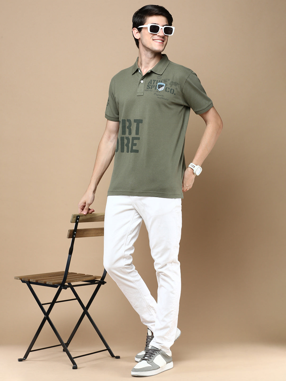 Classic Polo Men's Half Sleeve Olive Polo Neck Slim Fit Printed T-Shirt | GENX-POLO 26 B SF P