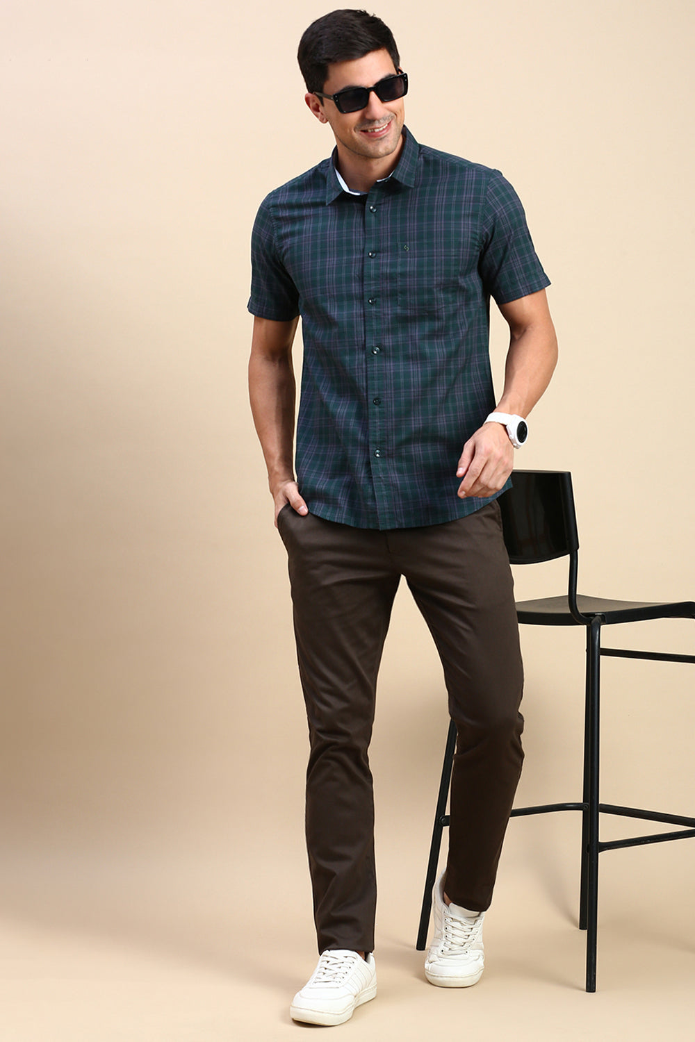 Classic Polo Men's Half Sleeve Dark Green Polo Neck Slim Fit Checked Shirt | SP2-CL-78 A-HS-CHK-SF
